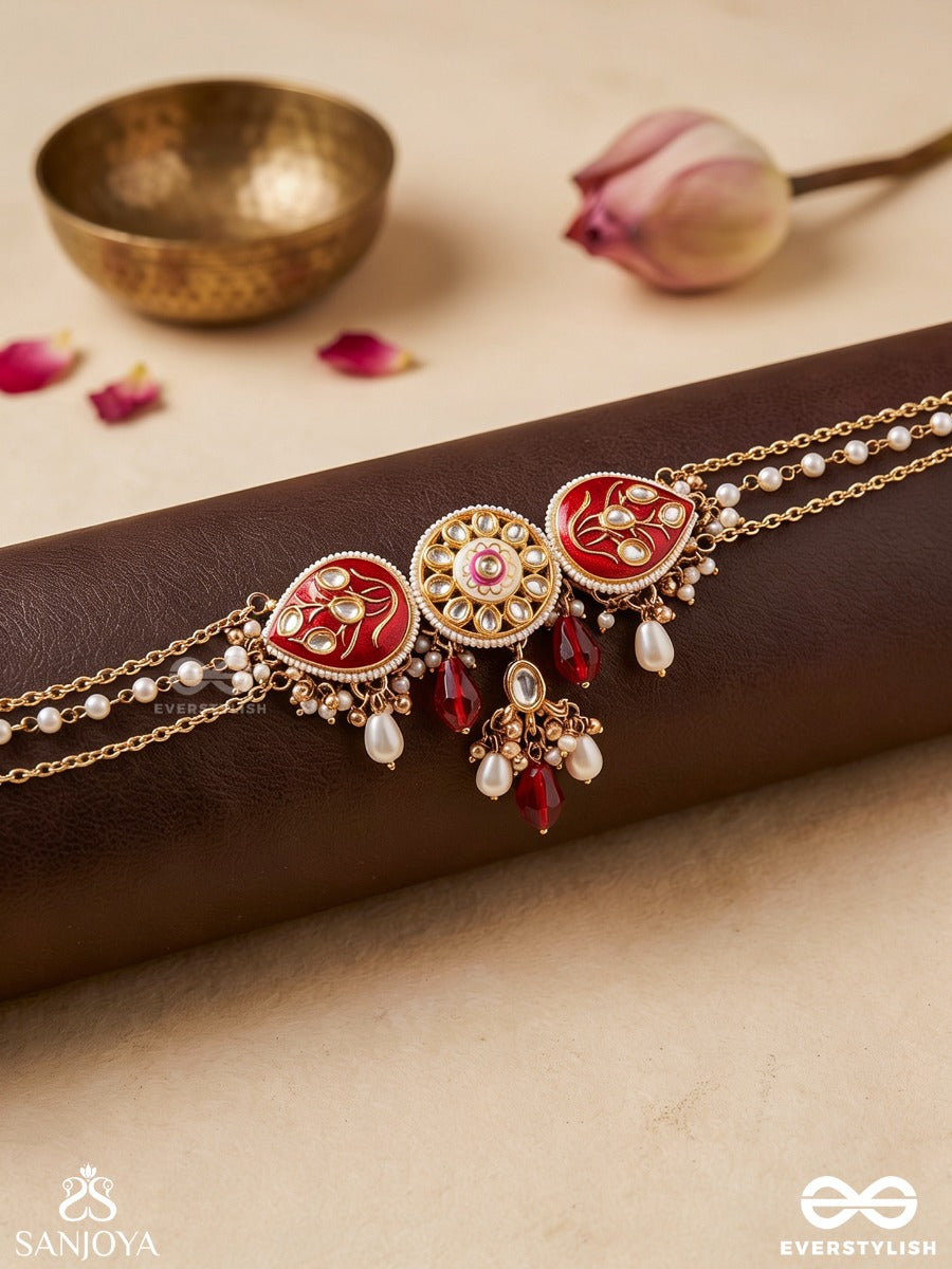 Arunamukhi- Face Of The Red Sun- Glorious Kundan Necklace With Red Enamel Details And Pearl Embellishments