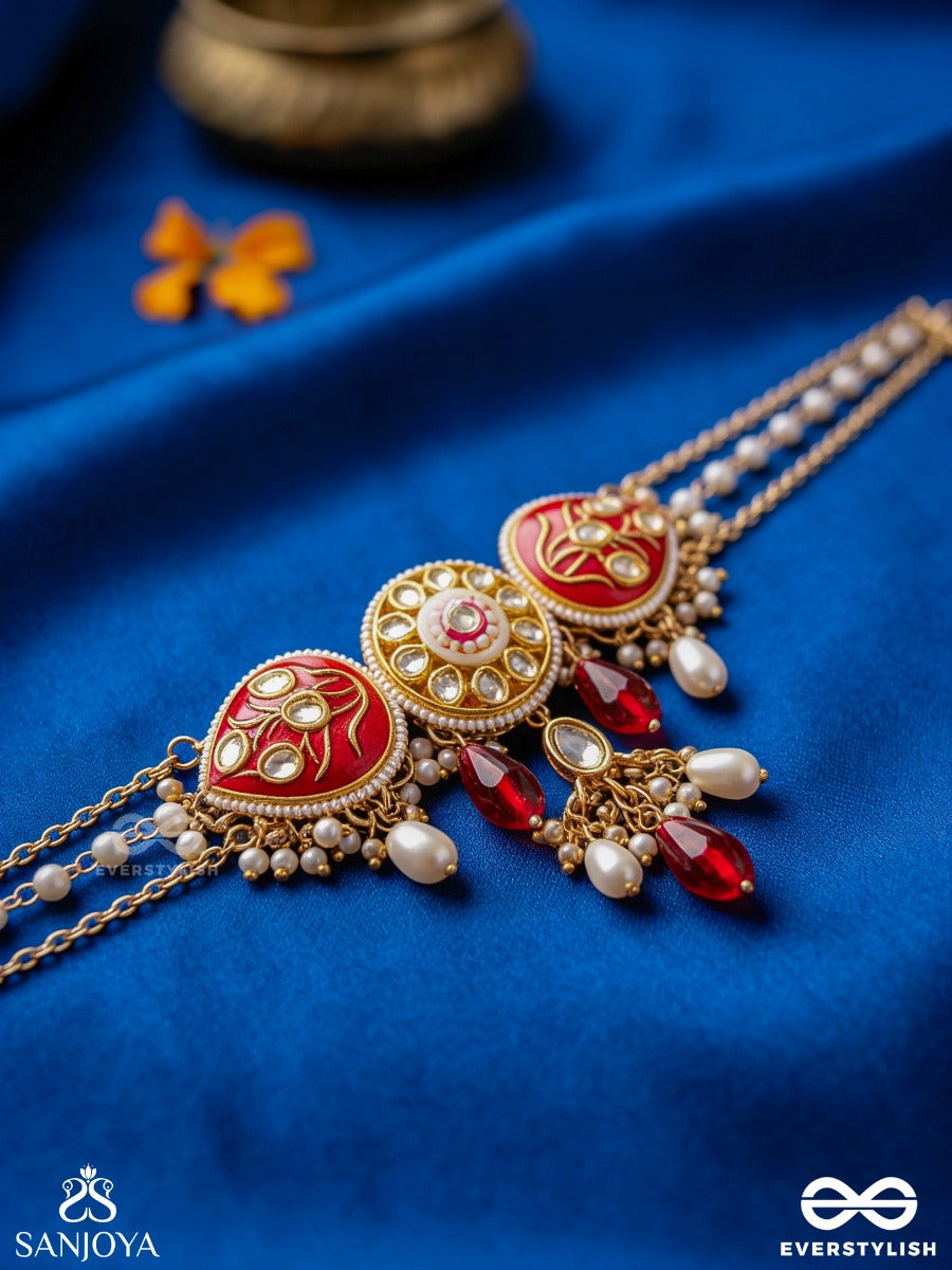 Arunamukhi- Face Of The Red Sun- Glorious Kundan Necklace With Red Enamel Details And Pearl Embellishments