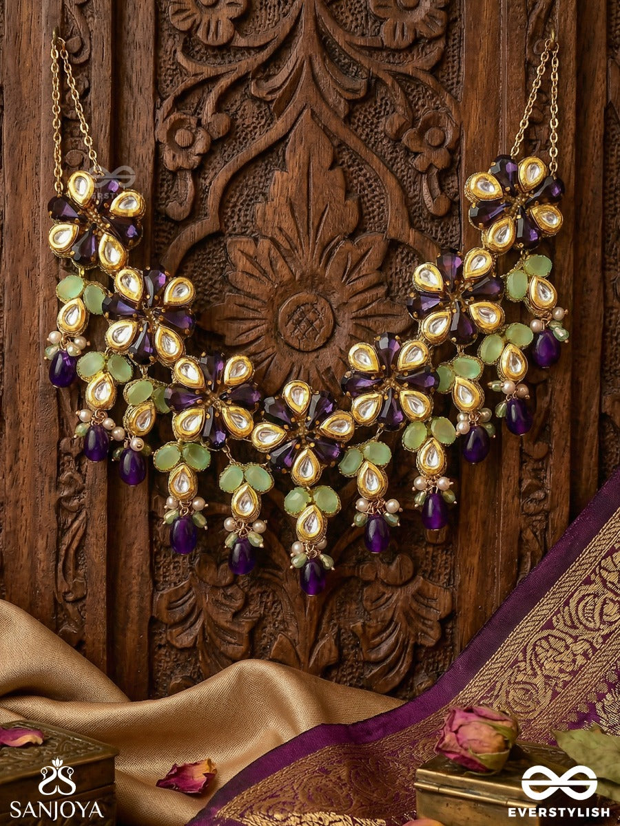 Neelanjali - Offering Of Blue - Festive Necklace With Floral Motifs, Multi-Stone Accents And Dangling Drop Details