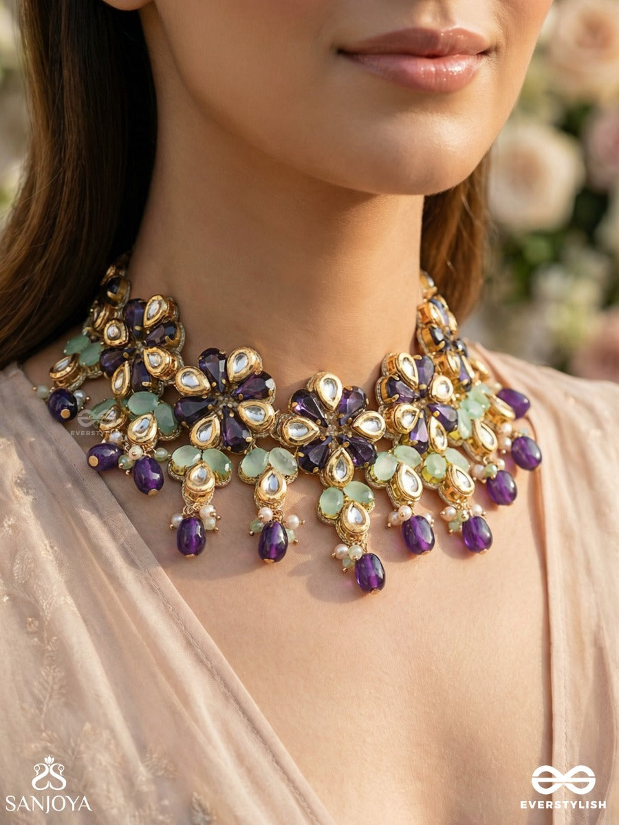 Neelanjali - Offering Of Blue - Festive Necklace With Floral Motifs, Multi-Stone Accents And Dangling Drop Details