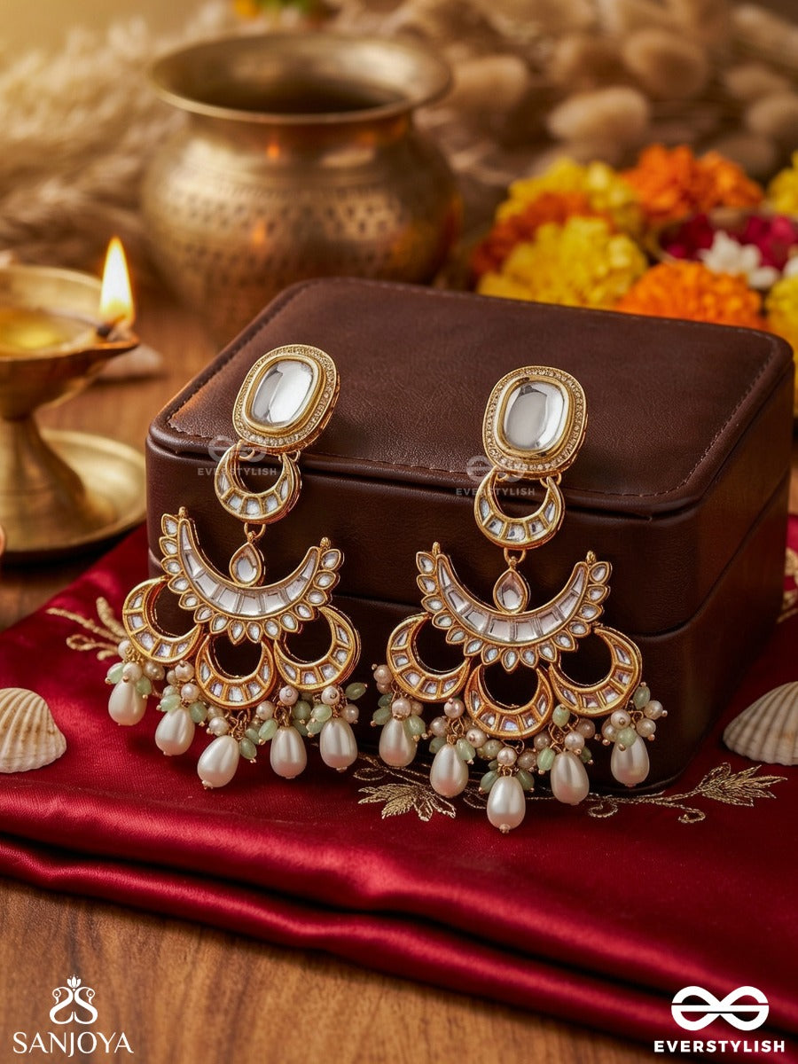 Tanmayi - Absorbed In Beauty - Statement Earrings With Ornamental Arch And Pearl Drop Accents
