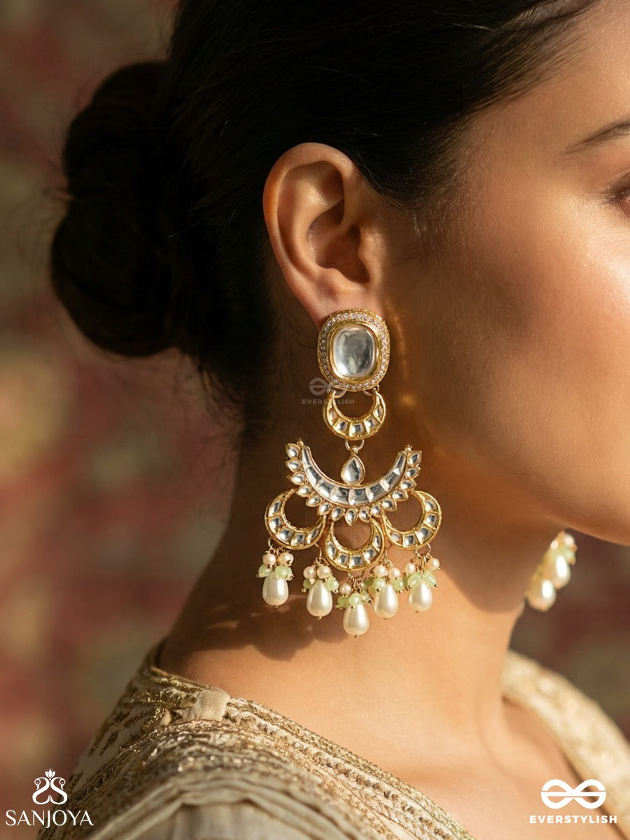 Tanmayi - Absorbed In Beauty - Statement Earrings With Ornamental Arch And Pearl Drop Accents