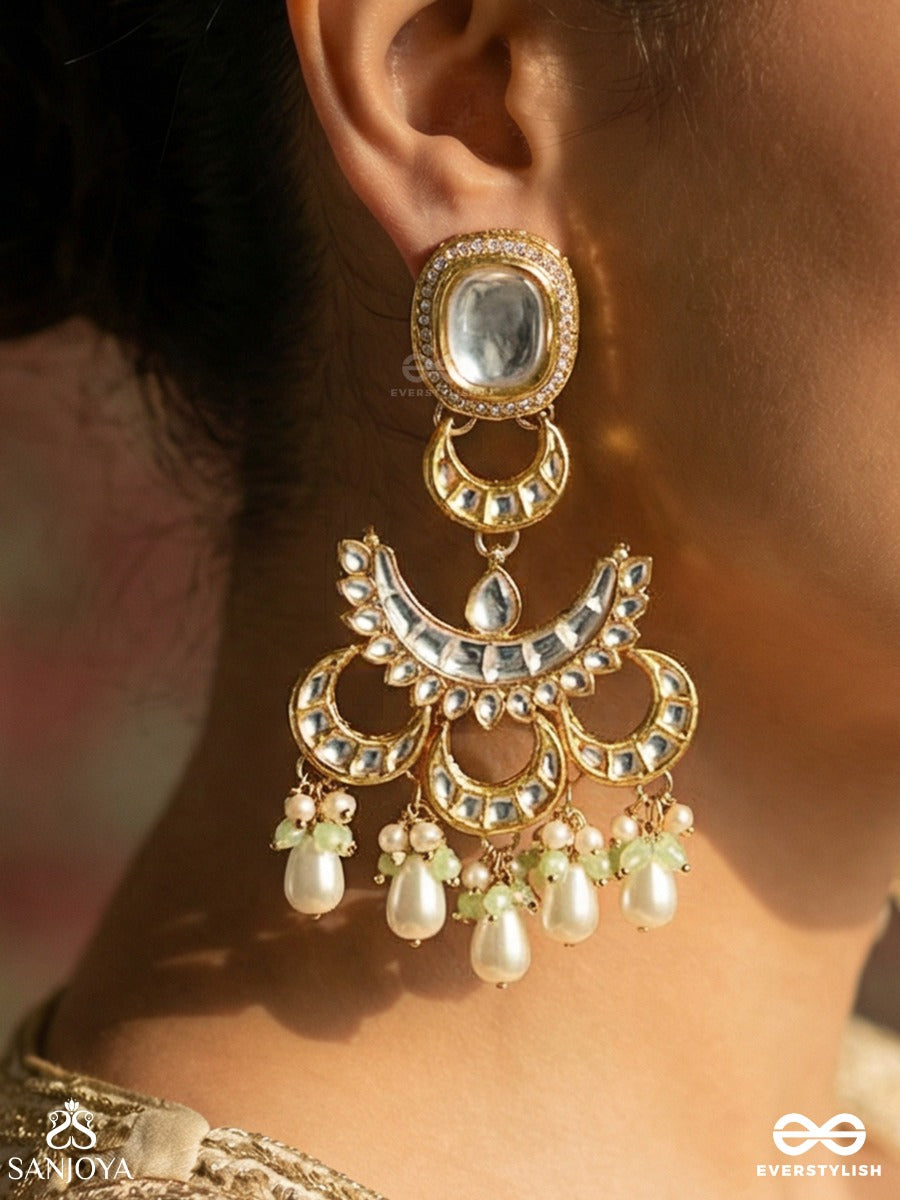 Tanmayi - Absorbed In Beauty - Statement Earrings With Ornamental Arch And Pearl Drop Accents