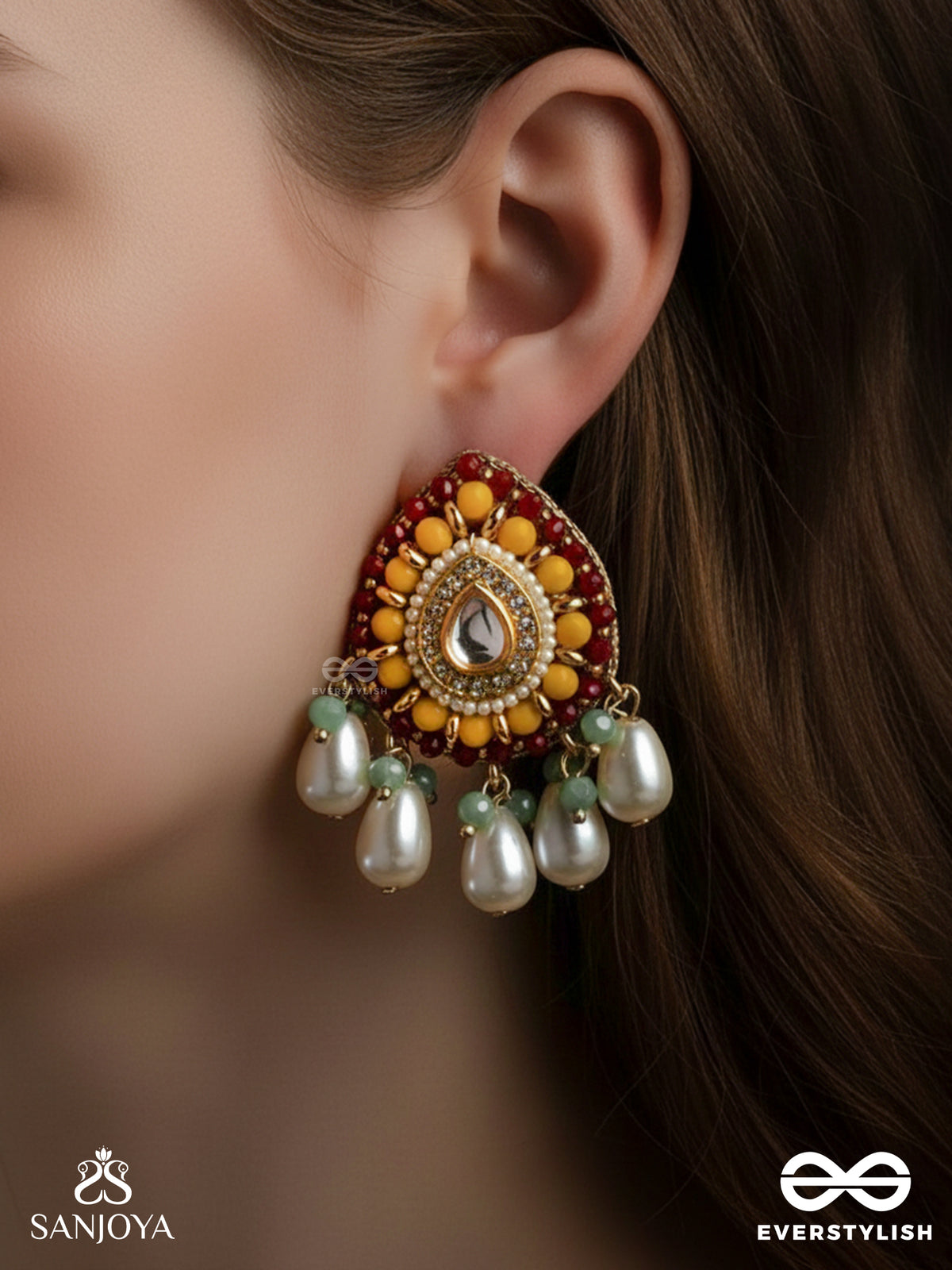 Vibhavari - Night Full Of Splendor - Multi-Color Enamelled Kundan Earrings With Pearls And Beads