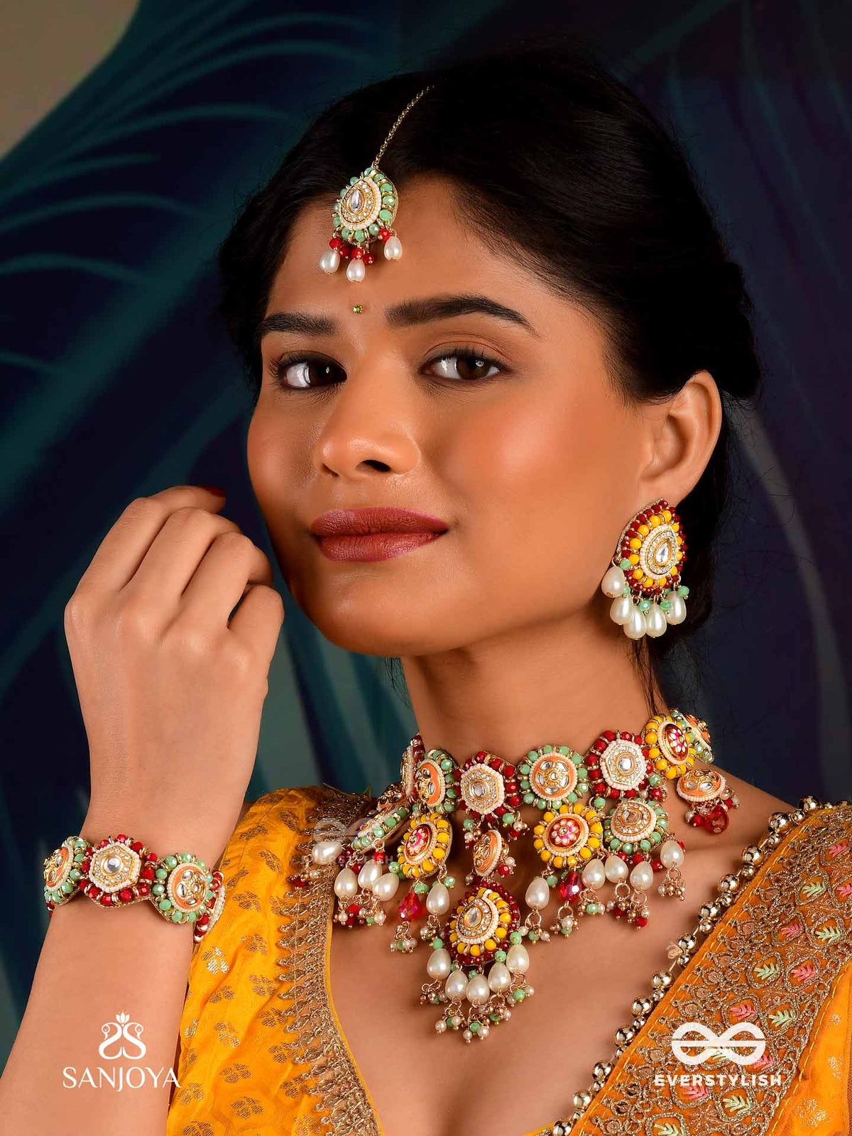 Vibhavari - Night Full Of Splendor - Multi-Color Enamelled Kundan Maangtika With Pearls And Beads
