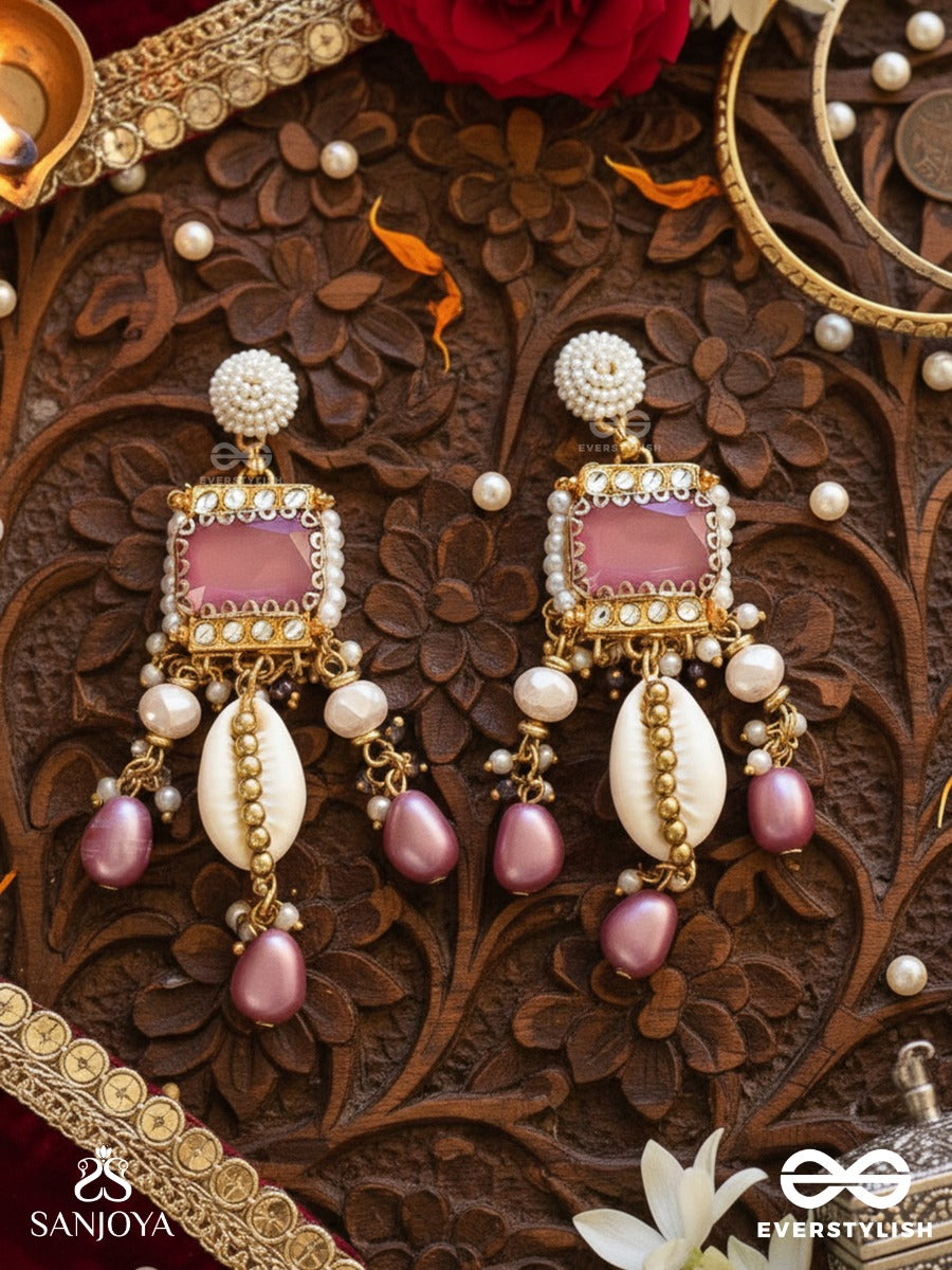 Manohara - Charming Beauty- Royal Kundan Earrings With Pearl Strings, Shells And Pink Gem Embellishments