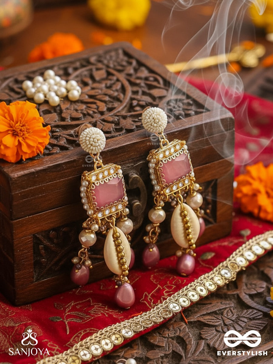 Manohara - Charming Beauty- Royal Kundan Earrings With Pearl Strings, Shells And Pink Gem Embellishments