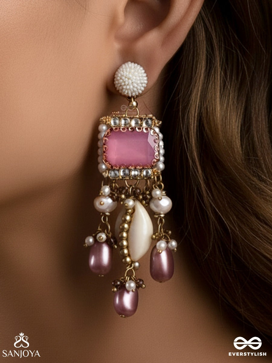 Manohara - Charming Beauty- Royal Kundan Earrings With Pearl Strings, Shells And Pink Gem Embellishments