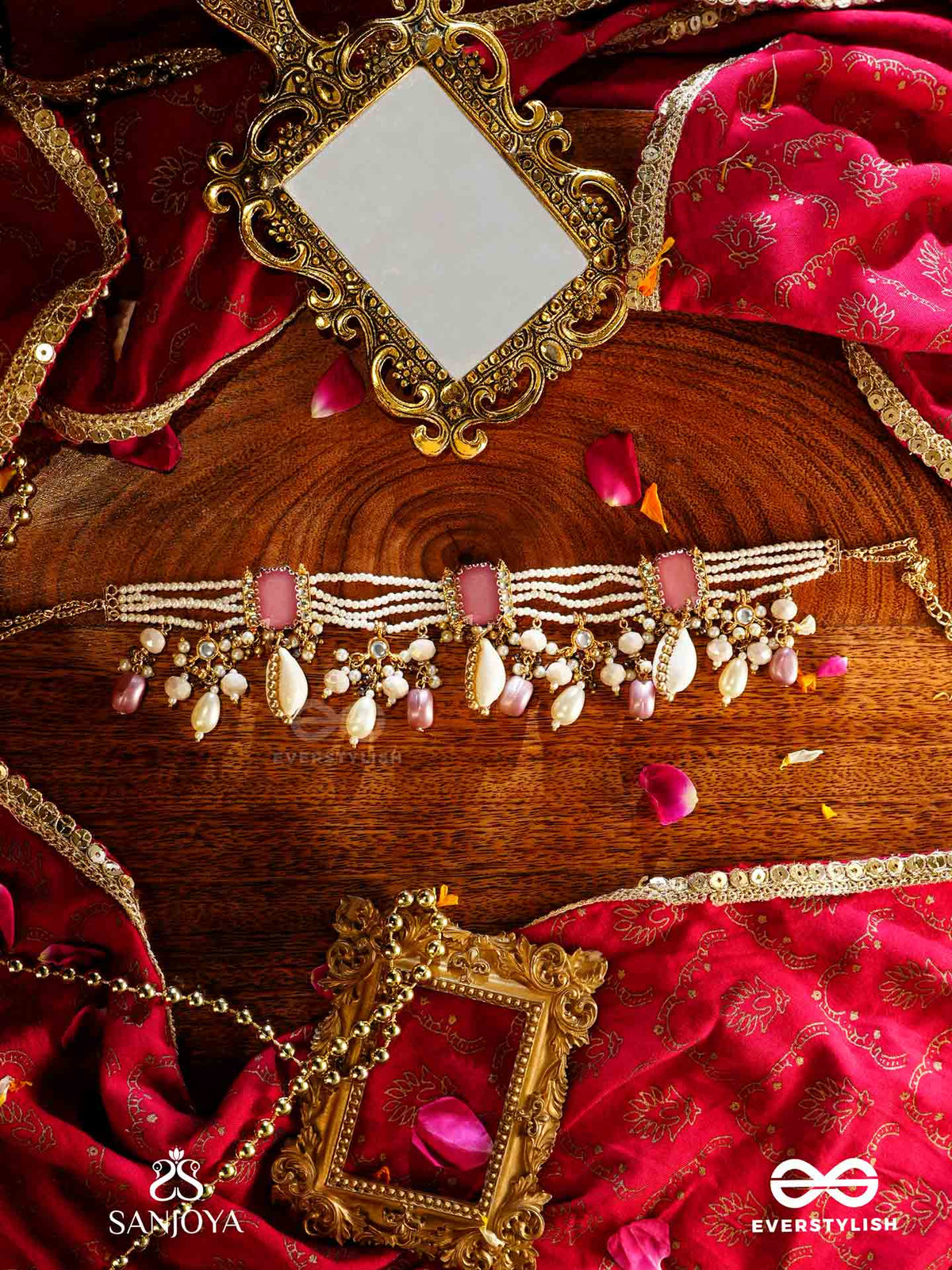 Manohara - Charming Beauty- Royal Kundan Necklace With Pearl Strings, Shells And Pink Gem Embellishments