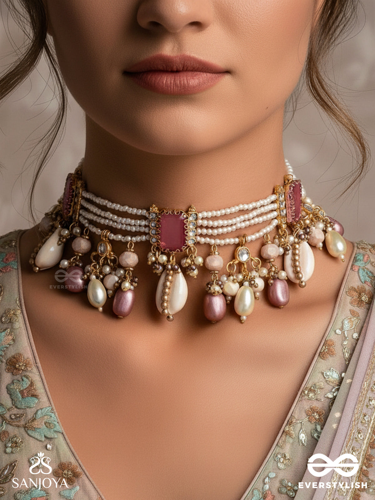 Manohara - Charming Beauty- Royal Kundan Necklace With Pearl Strings, Shells And Pink Gem Embellishments