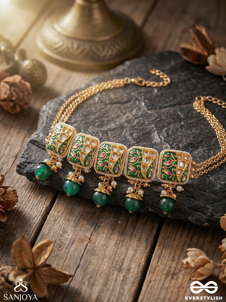 Vanashree - Queen Of The Forest- Mesmerizing Necklace With Vibrant Green And Golden Accents, Adorned With Kundan And Pearls