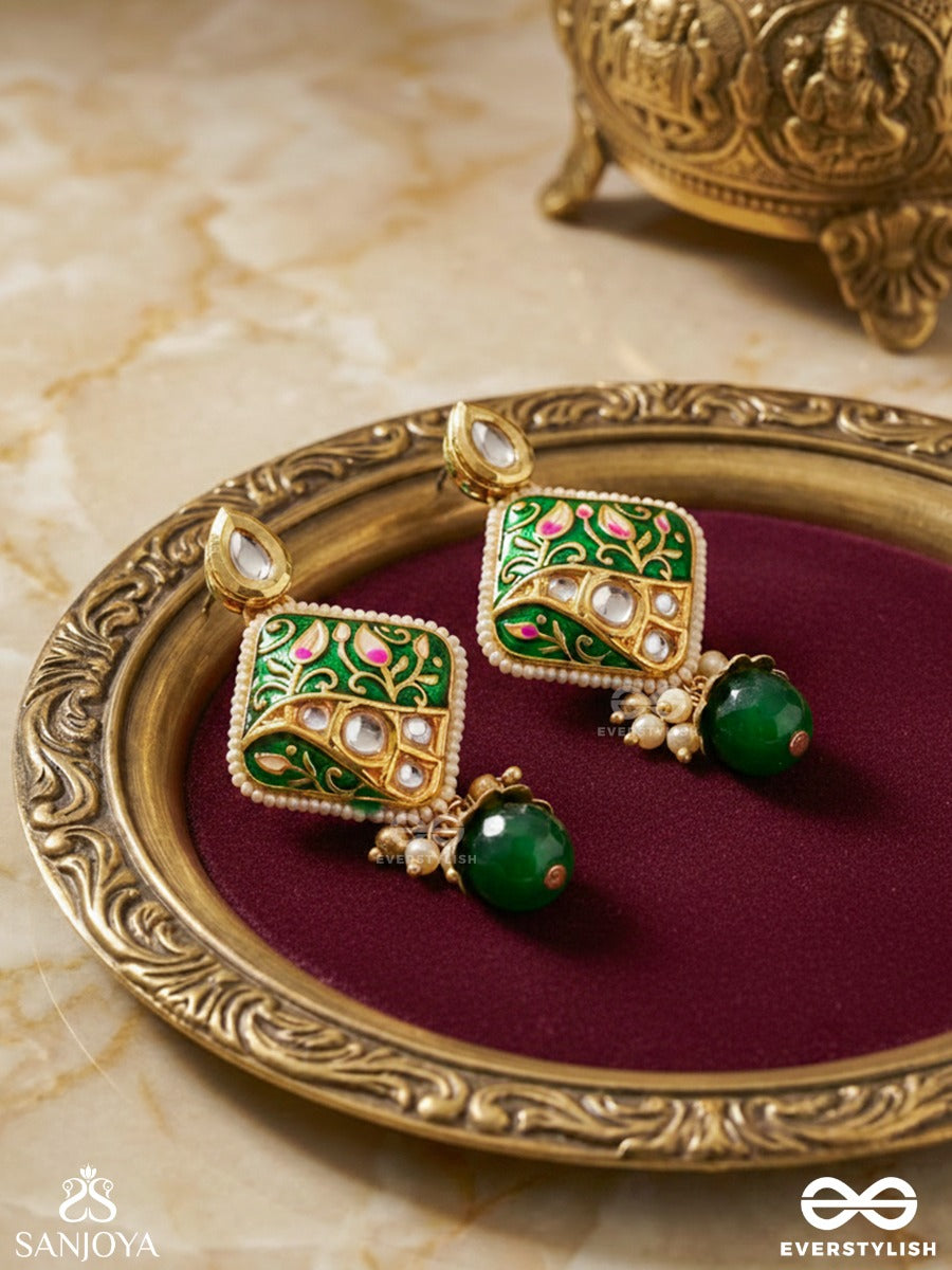Vanashree - Queen Of The Forest- Mesmerizing Earrings With Vibrant Green And Golden Accents, Adorned With Kundan And Pearls