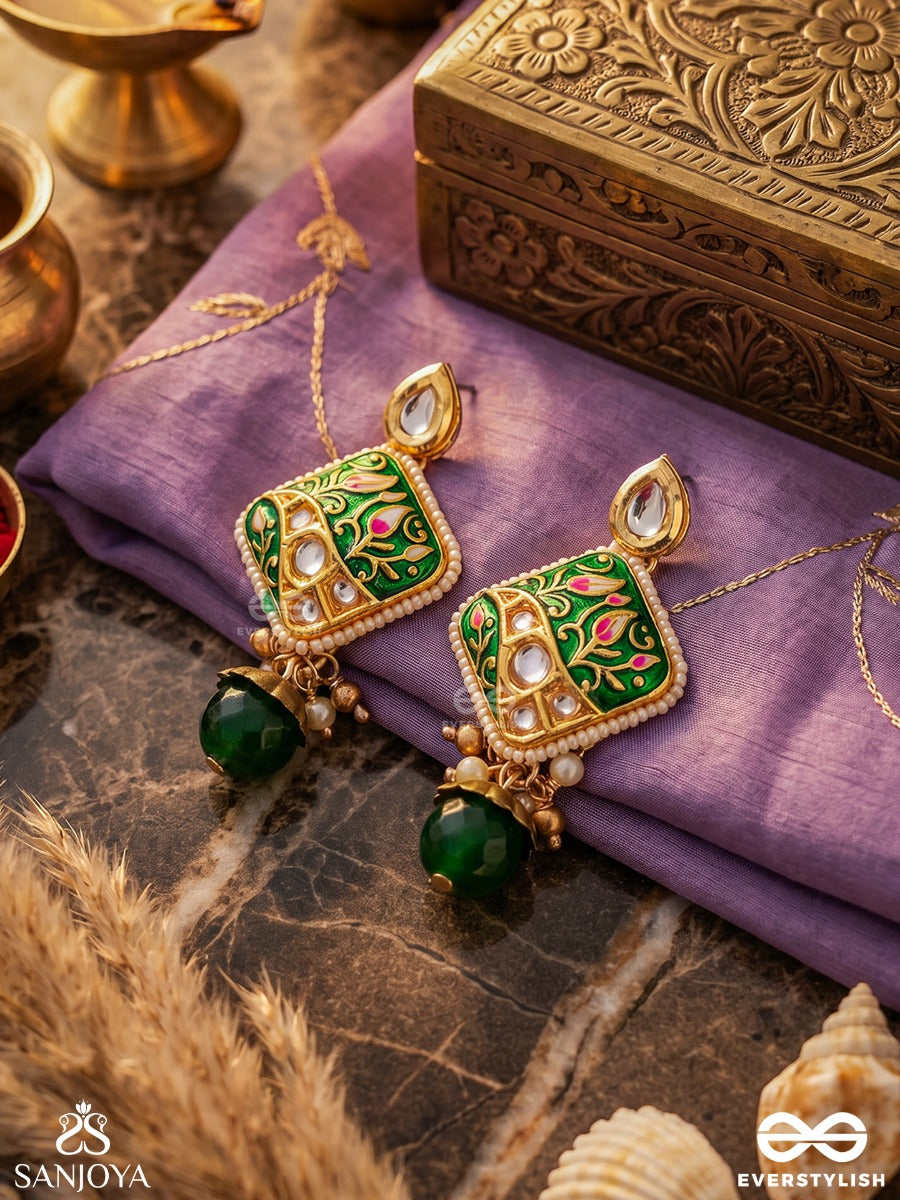 Vanashree - Queen Of The Forest- Mesmerizing Earrings With Vibrant Green And Golden Accents, Adorned With Kundan And Pearls