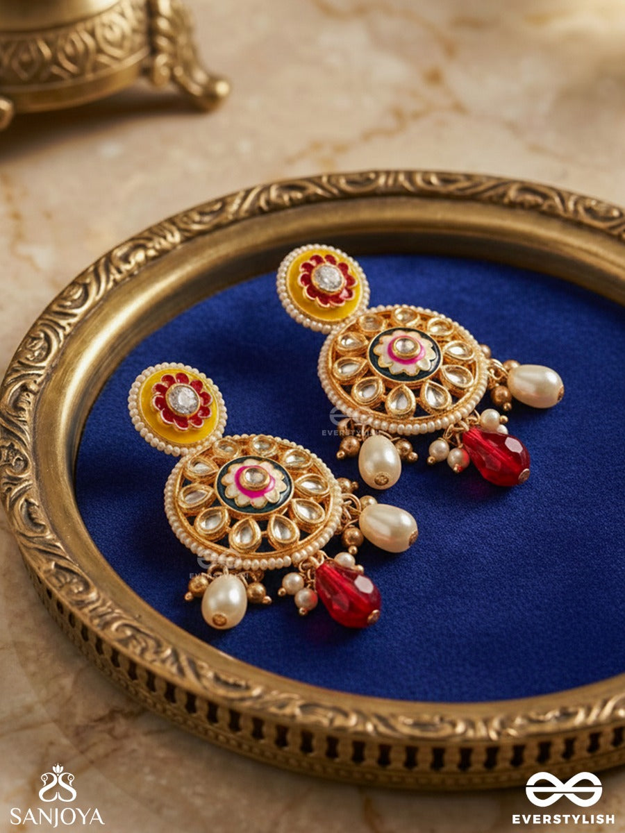 Divyanjali - Divine Offering- Kundan, Pearls, And Red Stones Handmade Earrings