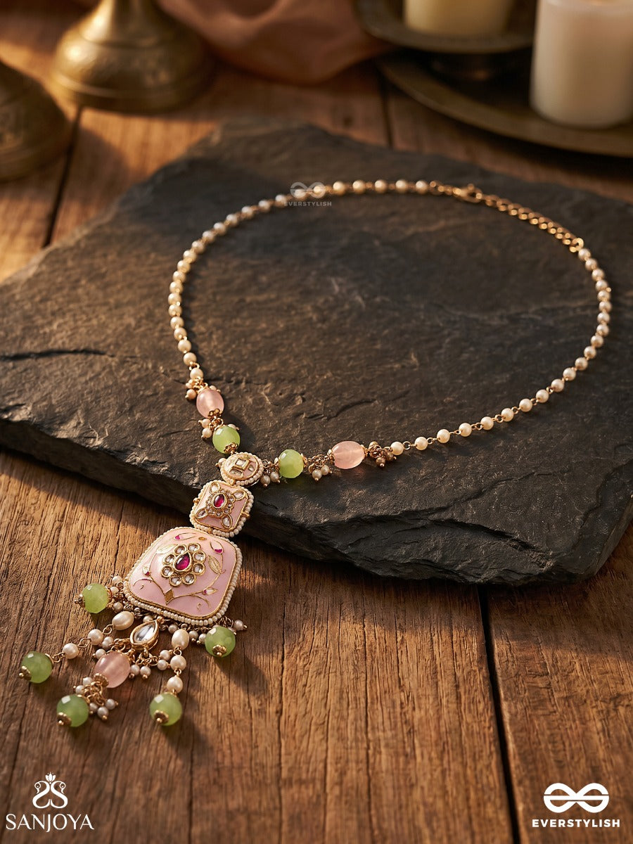 Madhuvrata - Sweet As Spring Bloom - Graceful Pink Enamelled Pendant Necklace With Kundan Green Beads And Pearl Drops
