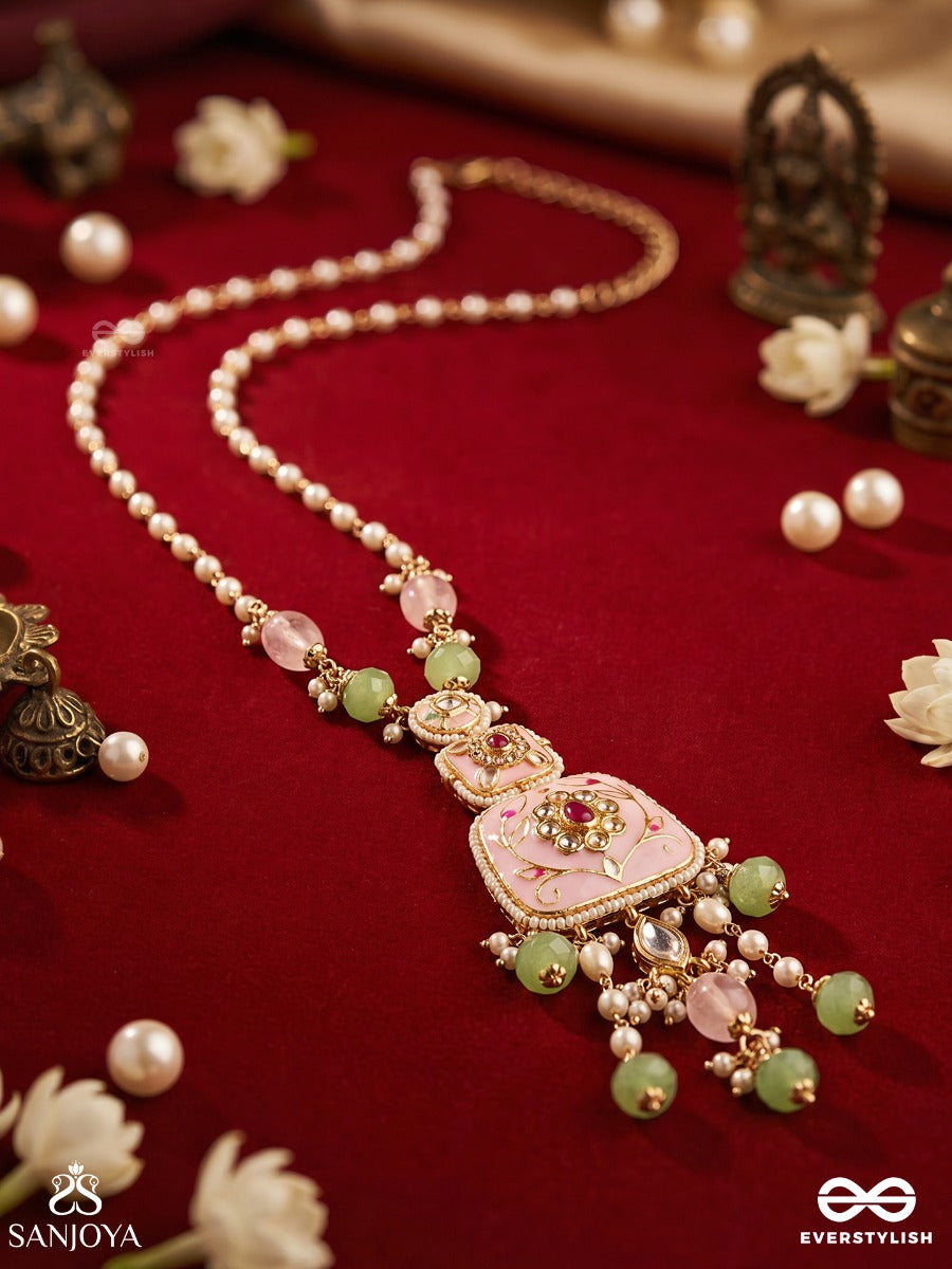 Madhuvrata - Sweet As Spring Bloom - Graceful Pink Enamelled Pendant Necklace With Kundan Green Beads And Pearl Drops