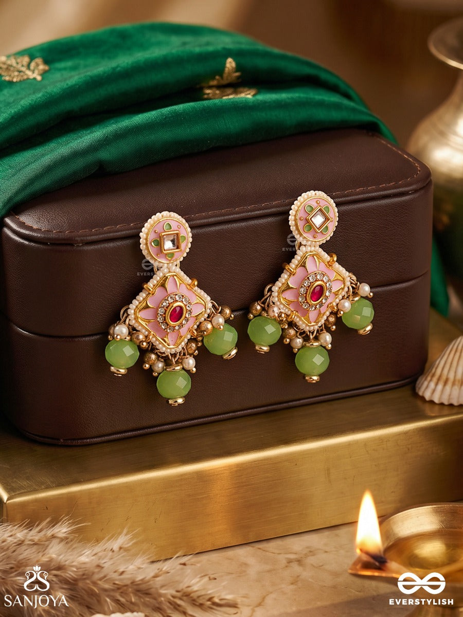 Madhuvrata - Sweet As Spring Bloom - Graceful Pink Enamelled Earrings With Kundan Green Beads And Pearl Drops