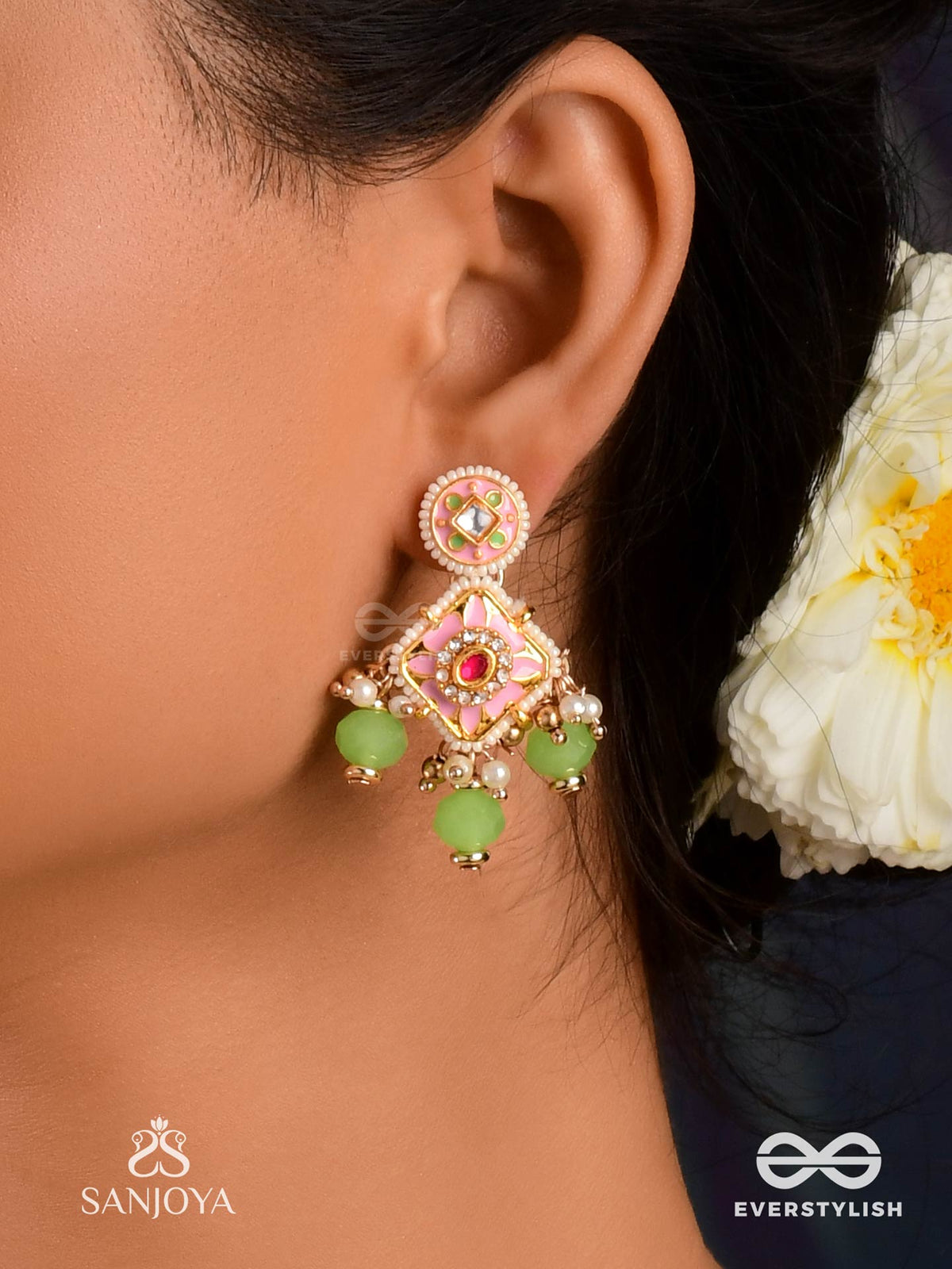Madhuvrata - Sweet As Spring Bloom - Graceful Pink Enamelled Earrings With Kundan Green Beads And Pearl Drops