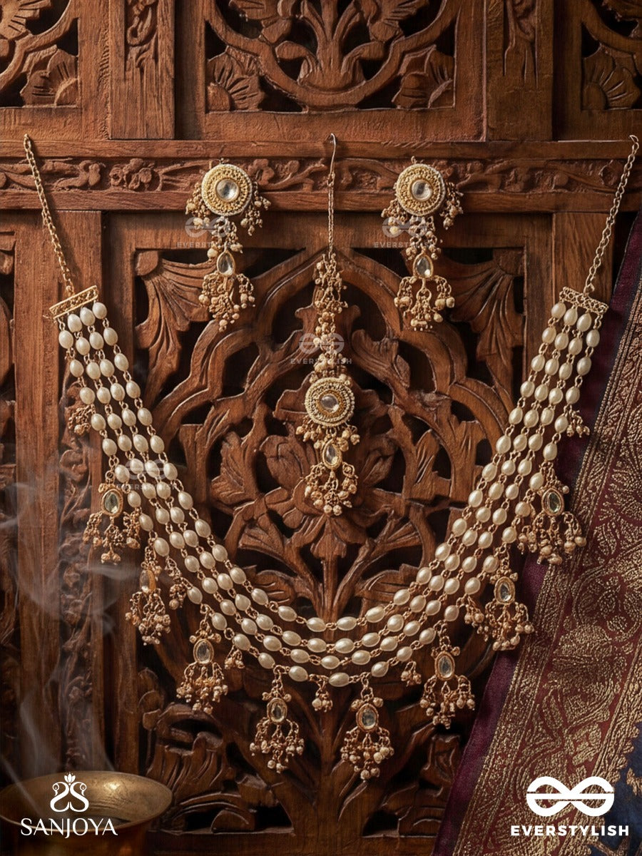 Hiranya - Golden Grace - Handmade Kundan Set With Necklace, Earrings And Maangtika