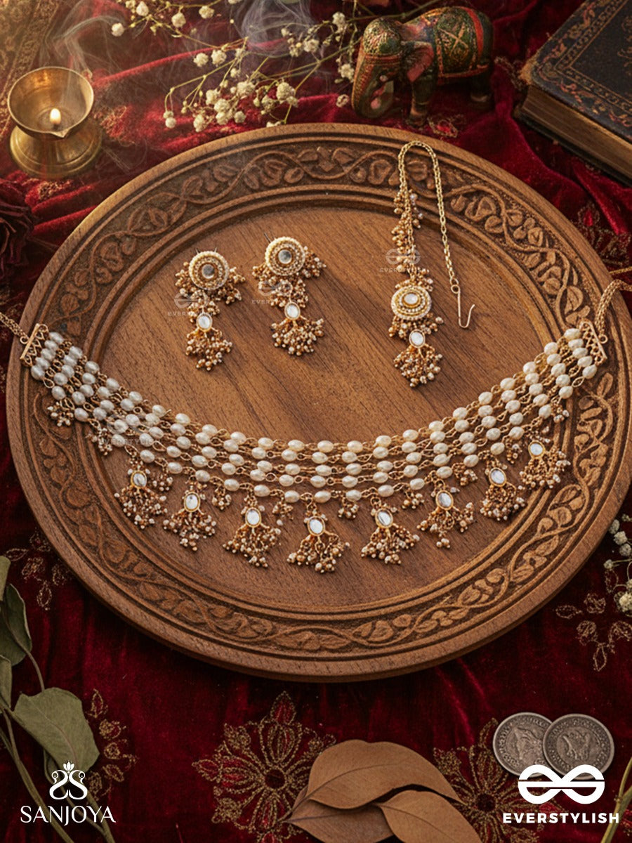 Hiranya - Golden Grace - Handmade Kundan Set With Necklace, Earrings And Maangtika
