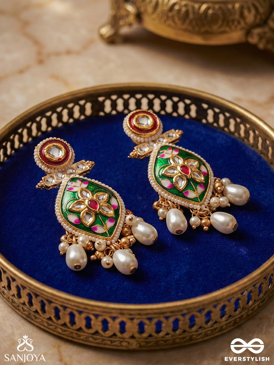 Harinakshi - Doe-Eyed Beauty - Graceful Handcrafted Kundan Earrings With Polki Accents And Pearl Details