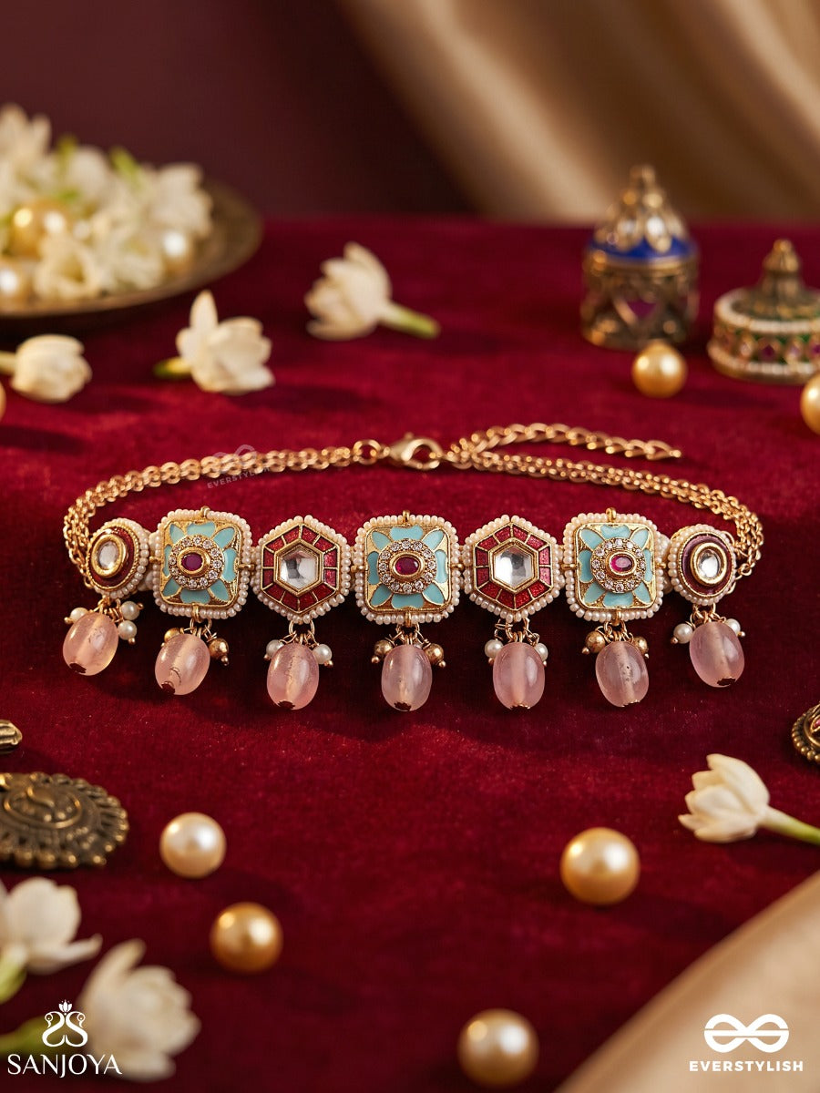 Pushpakshi - Blossoming Beauty - Delicate Kundan Multi-Toned Enamel Choker With Dainty Gemstone Drops