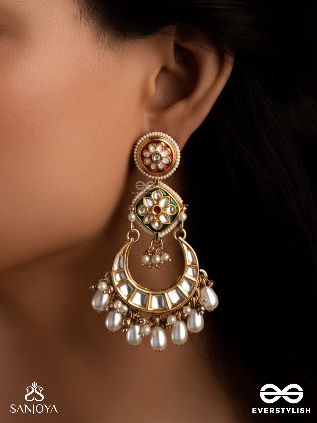Vibhavati - Adorned With Richness - Exquisite Kundan Earrings With Enamelled Polki Design, Pearls And Gemstones