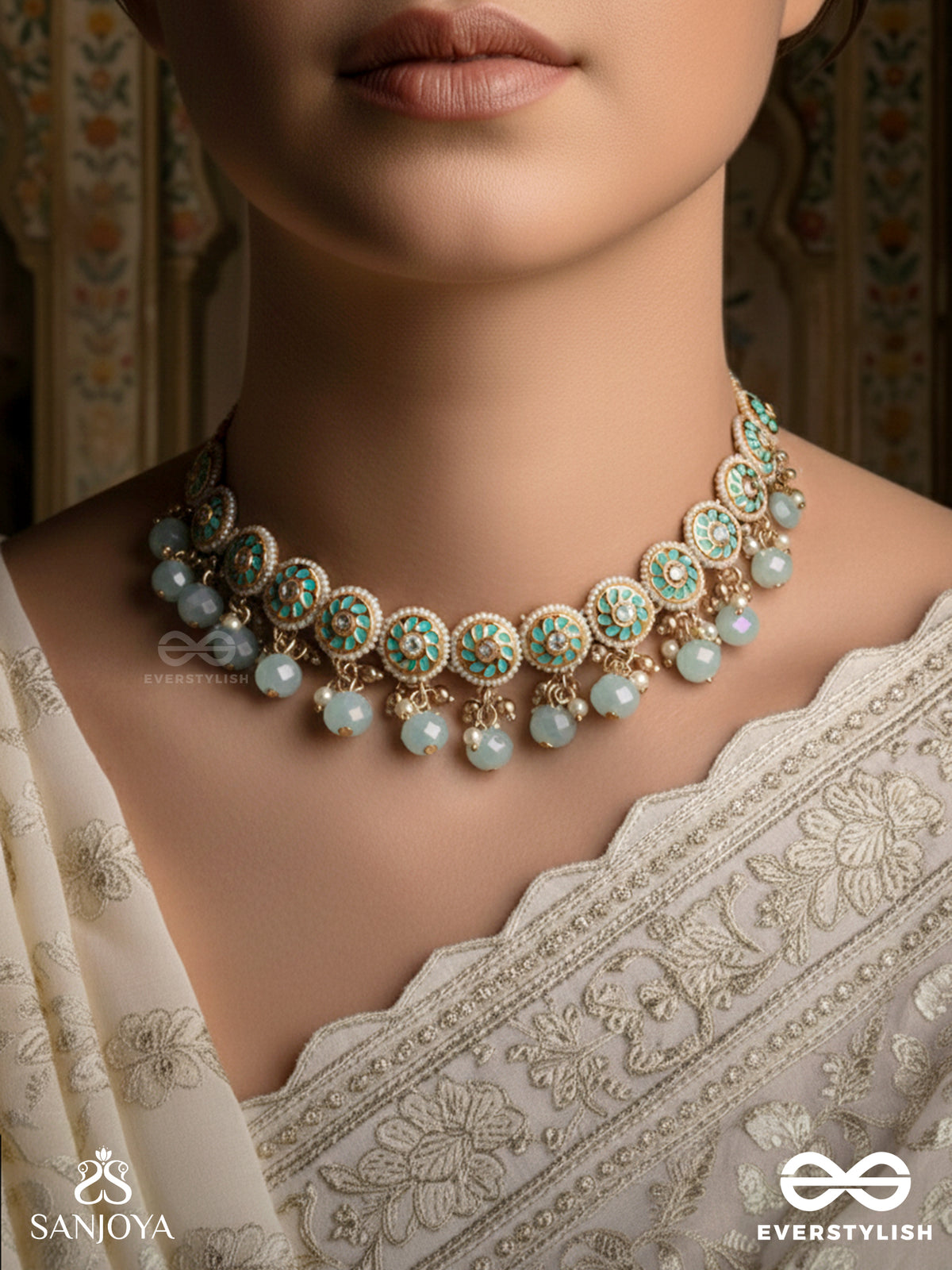Varunika - Goddess Of Water - Graceful Blue Enamel Kundan Choker With Lustrous Drops