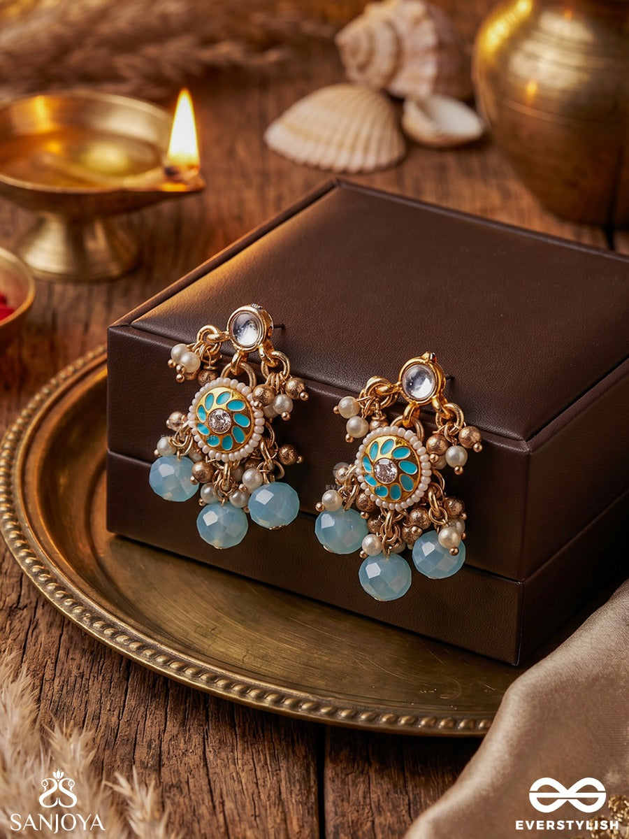 Varunika - Goddess Of Water - Graceful Blue Enamel Kundan Earrings With Lustrous Drops
