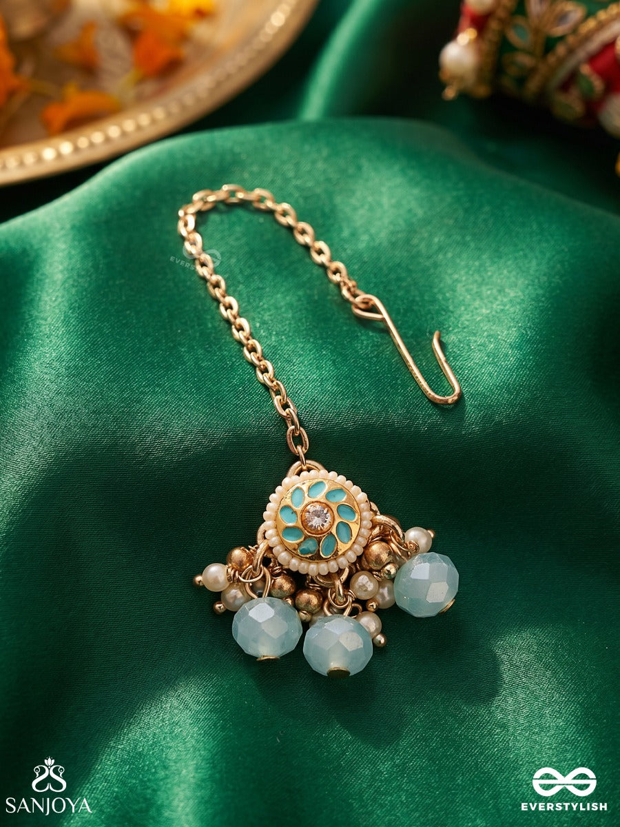 Varunika - Goddess Of Water - Graceful Blue Enamel Kundan Maangtika With Lustrous Drops