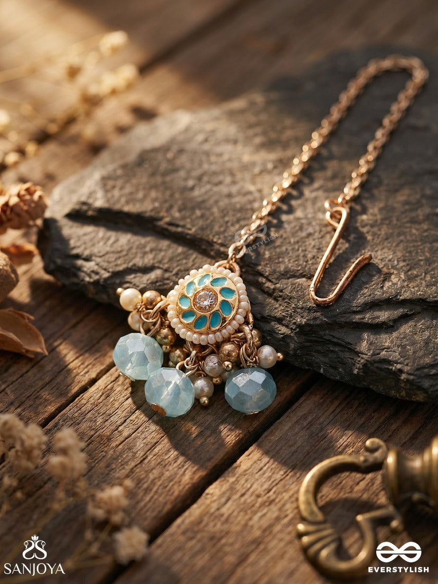 Varunika - Goddess Of Water - Graceful Blue Enamel Kundan Maangtika With Lustrous Drops