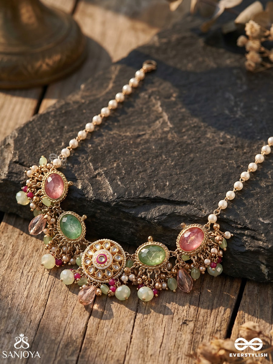Haritrina - Green And Pink Beauty - Ornate Kundan Choker With Floral Motifs And Sparkling Drops
