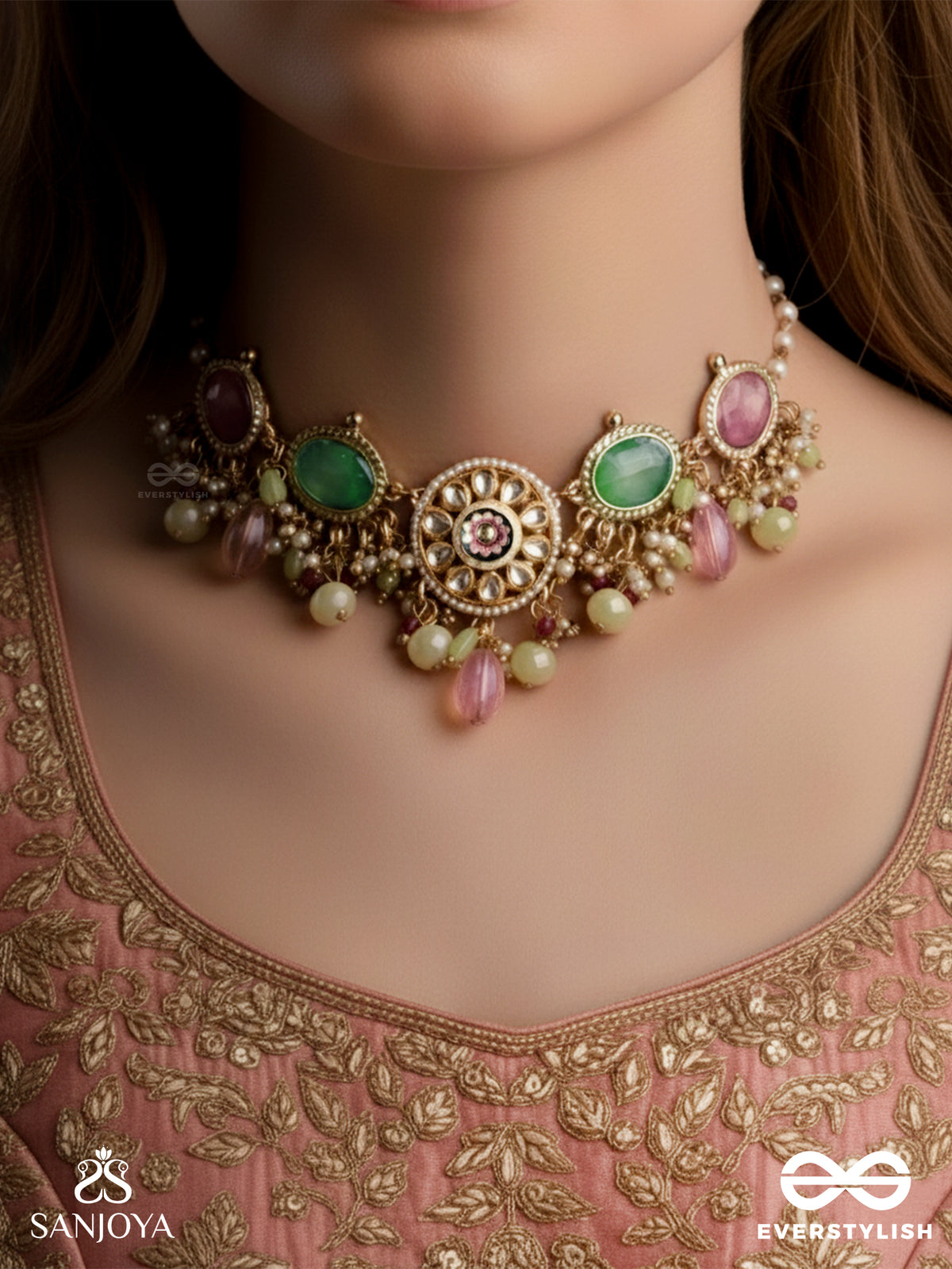 Haritrina - Green And Pink Beauty - Ornate Kundan Choker With Floral Motifs And Sparkling Drops