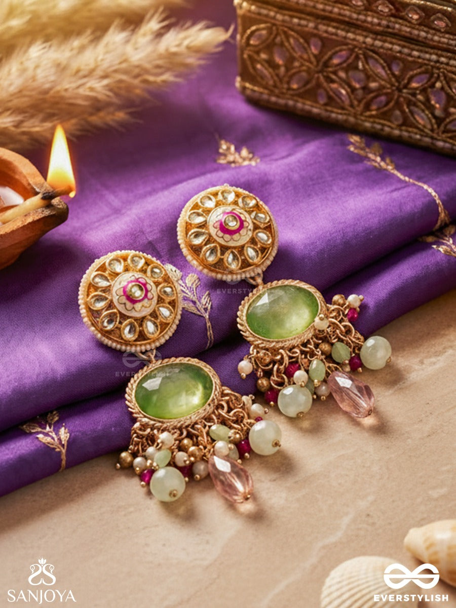 Haritrina - Green And Pink Beauty - Ornate Kundan Earrings With Floral Motifs And Sparkling Drops