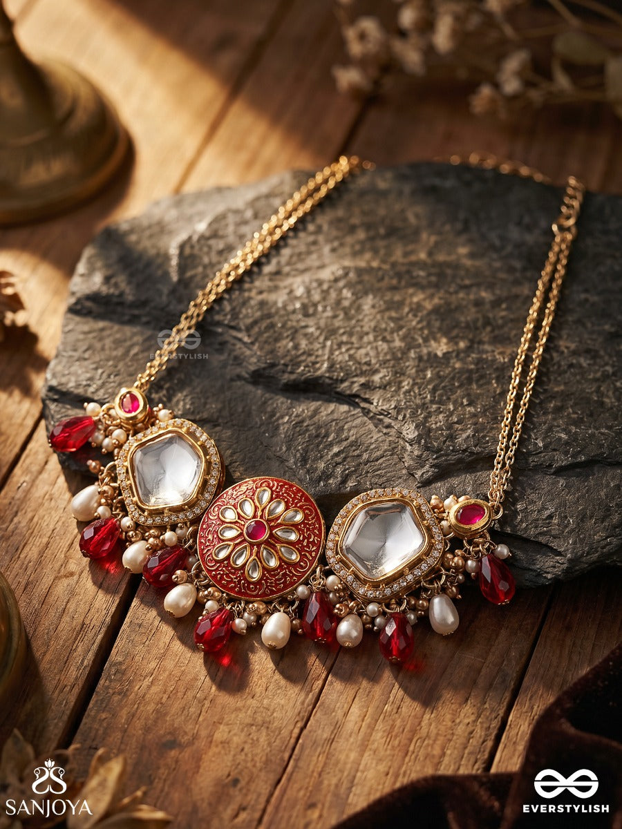 Agnita - Fiery Beauty - Intricate Kundan Red Polki Choker With Dazzling Mirror Accents, Pearls And Gem Fringes