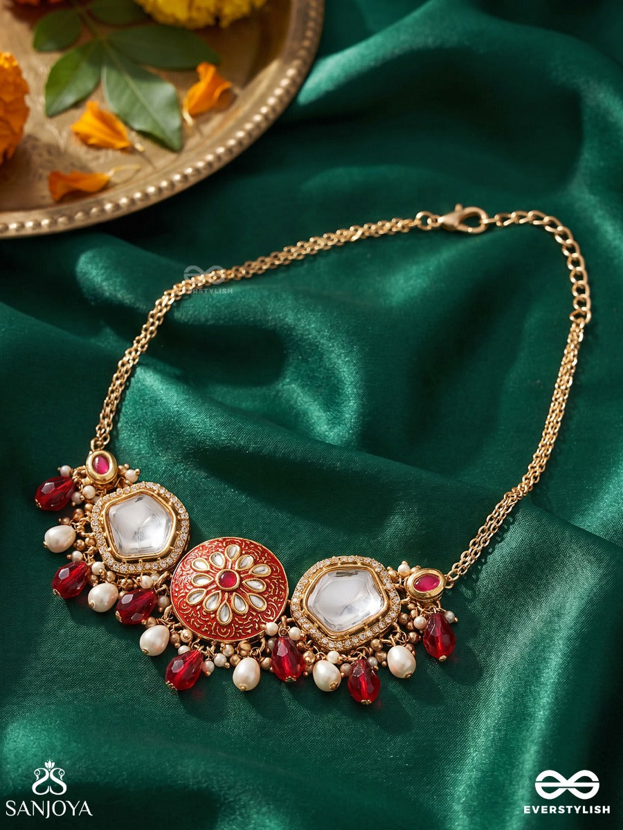 Agnita - Fiery Beauty - Intricate Kundan Red Polki Choker With Dazzling Mirror Accents, Pearls And Gem Fringes