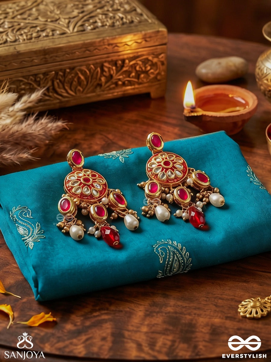 Agnita - Fiery Beauty - Intricate Kundan Red Polki Earrings With Pearls And Gem Fringes