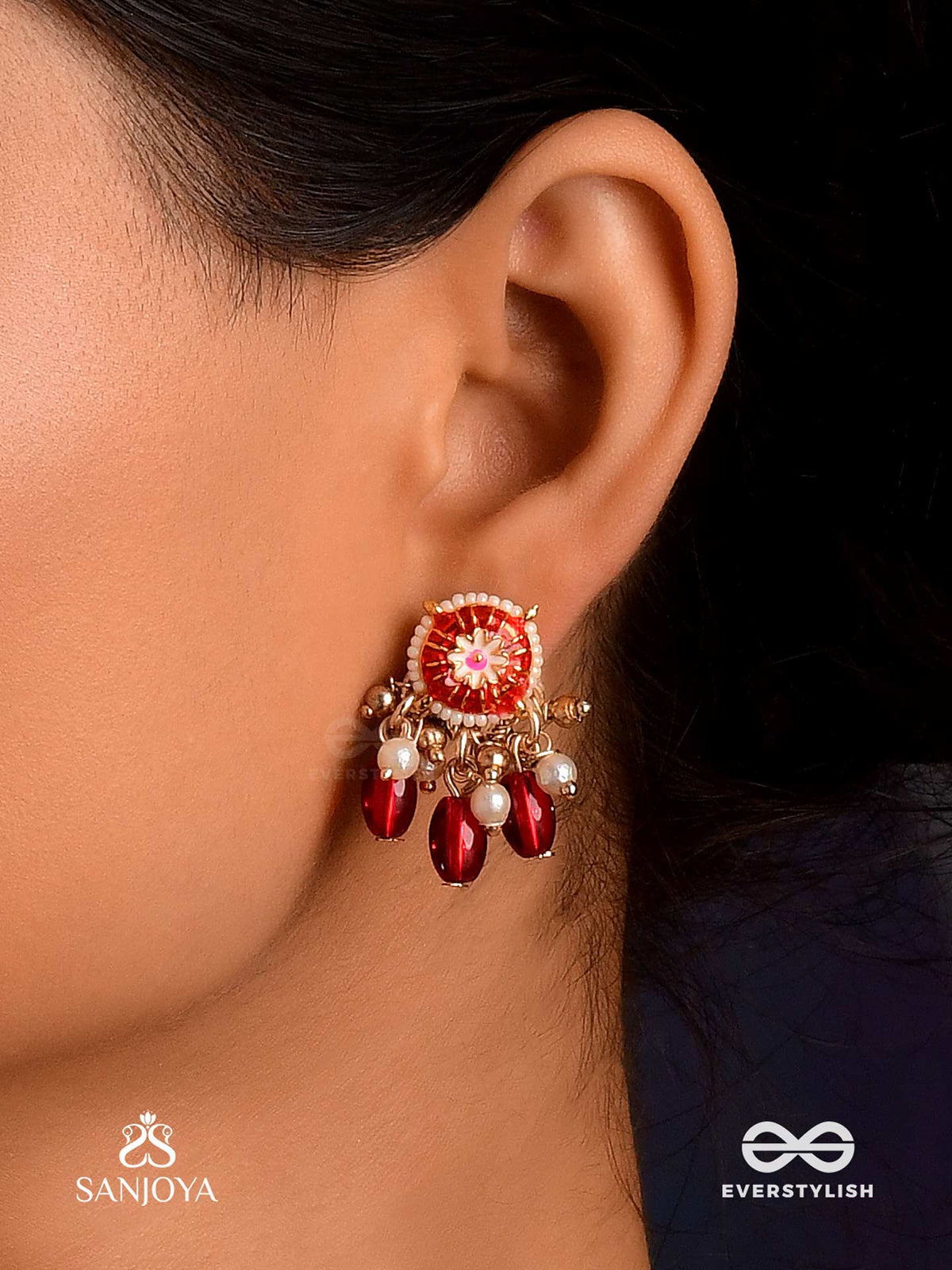 Traditional Red Enamelled Polki Earrings With Lustrous Beads And Pearls