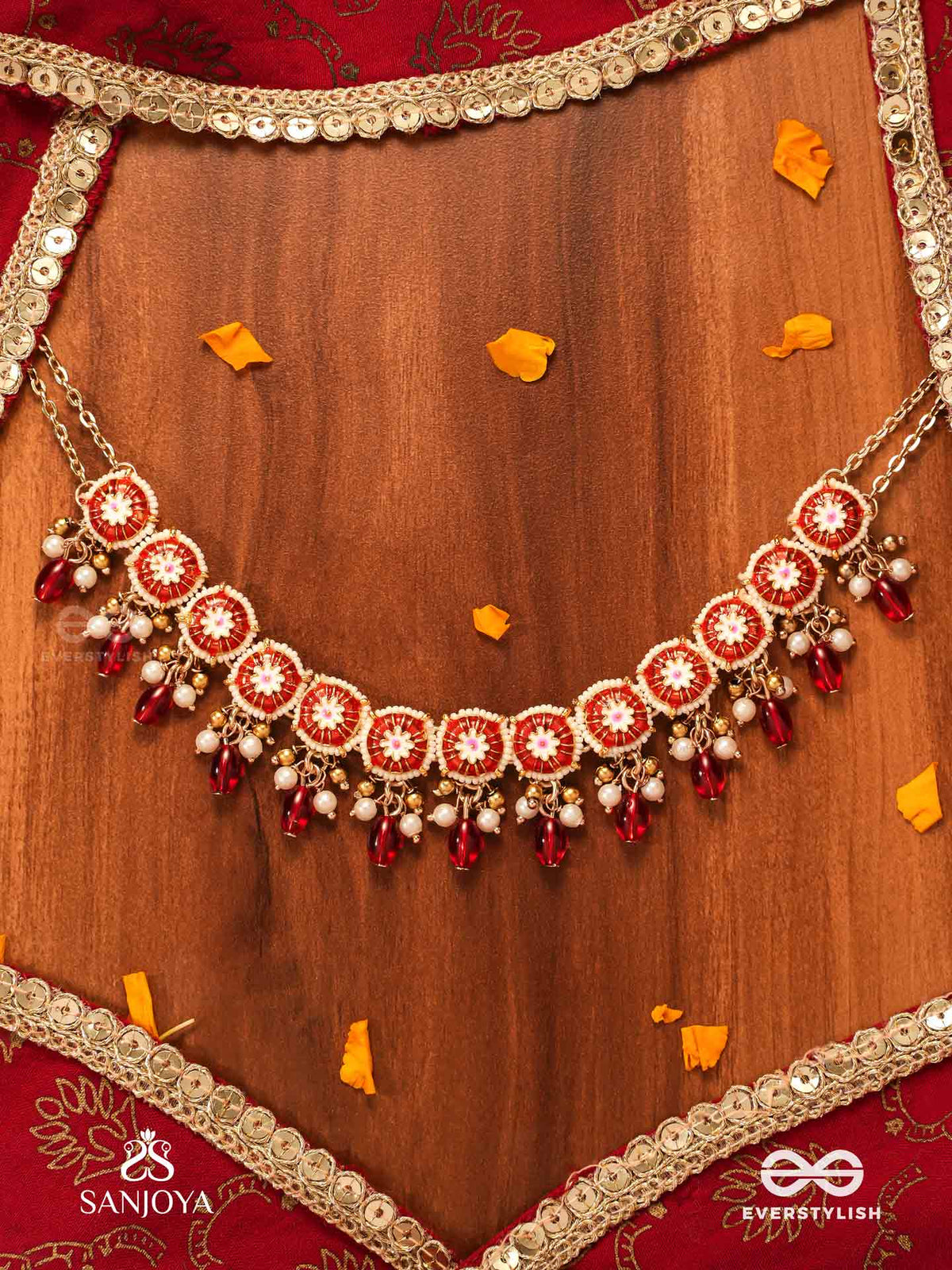 Rudranjali - Sacred Red Offering- Traditional Red Enamelled Polki Choker With Lustrous Beads And Pearls