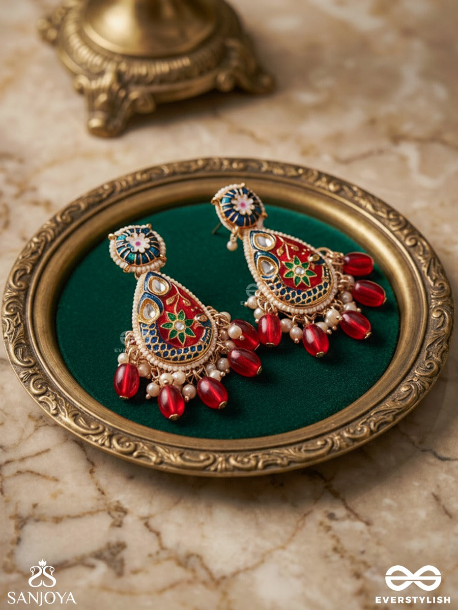 Suvarnapushpa - Golden Blossom - Luxurious Heritage Kundan Earrings With Red And Blue Enamel Work, Pearls And Beads