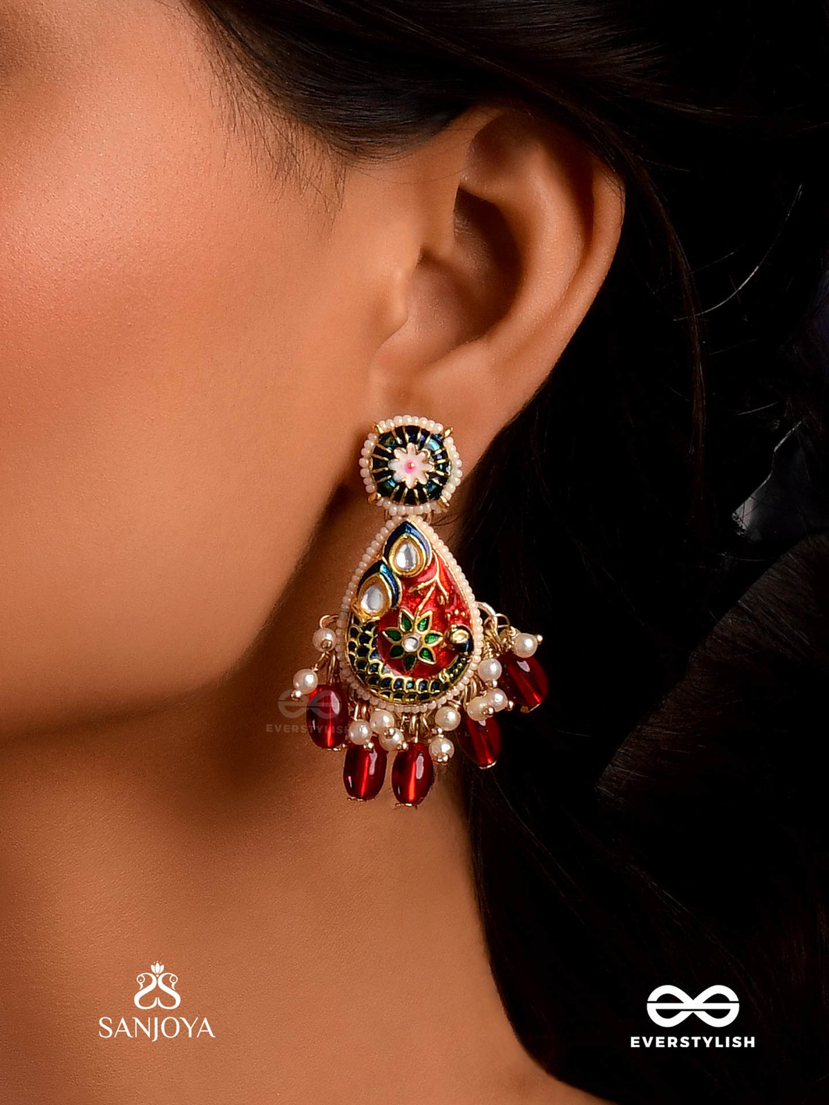 Suvarnapushpa - Golden Blossom - Luxurious Heritage Kundan Earrings With Red And Blue Enamel Work, Pearls And Beads