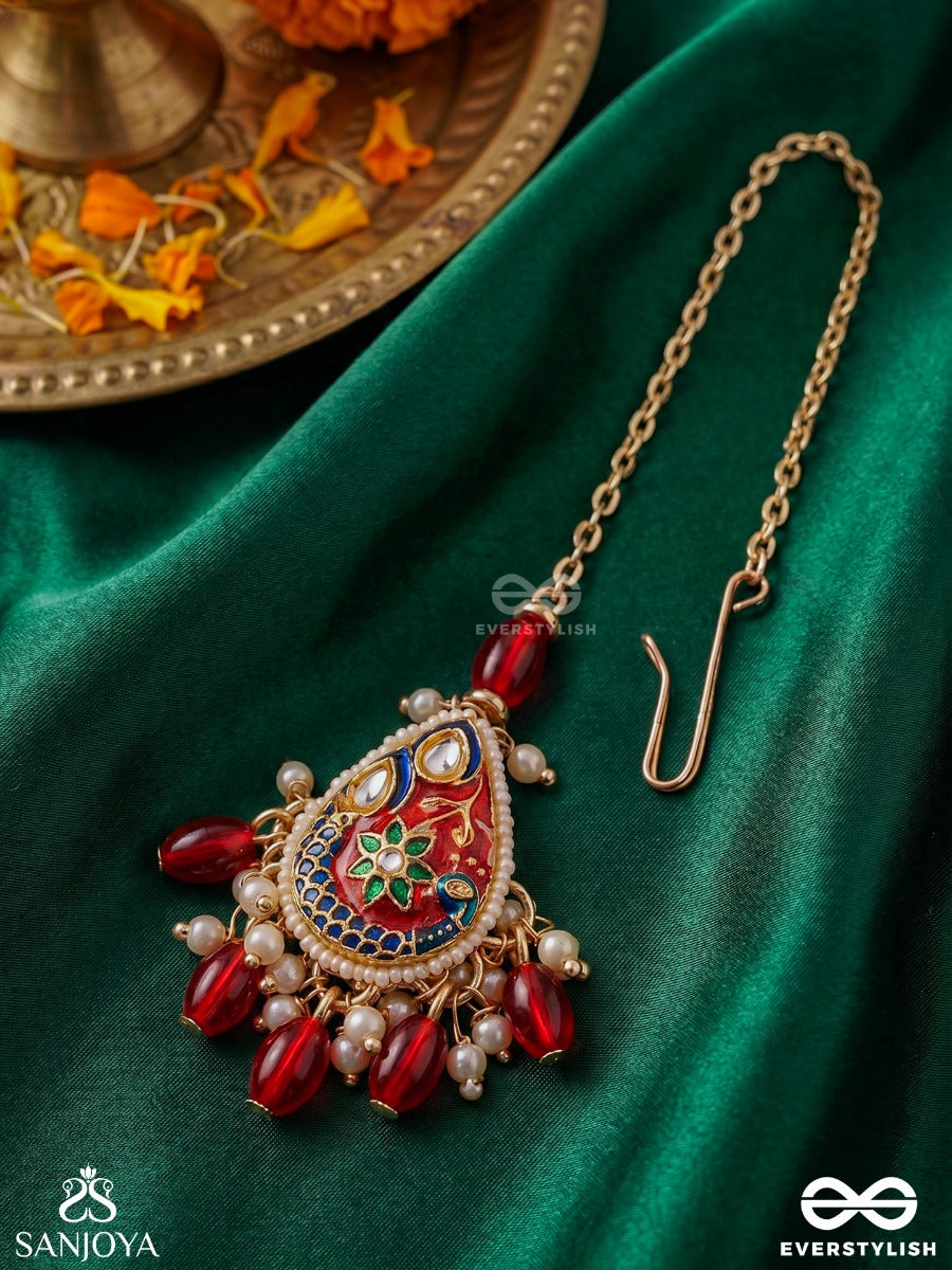 Suvarnapushpa - Golden Blossom - Luxurious Heritage Kundan Maangtika With Red And Blue Enamel Work, Pearls And Beads