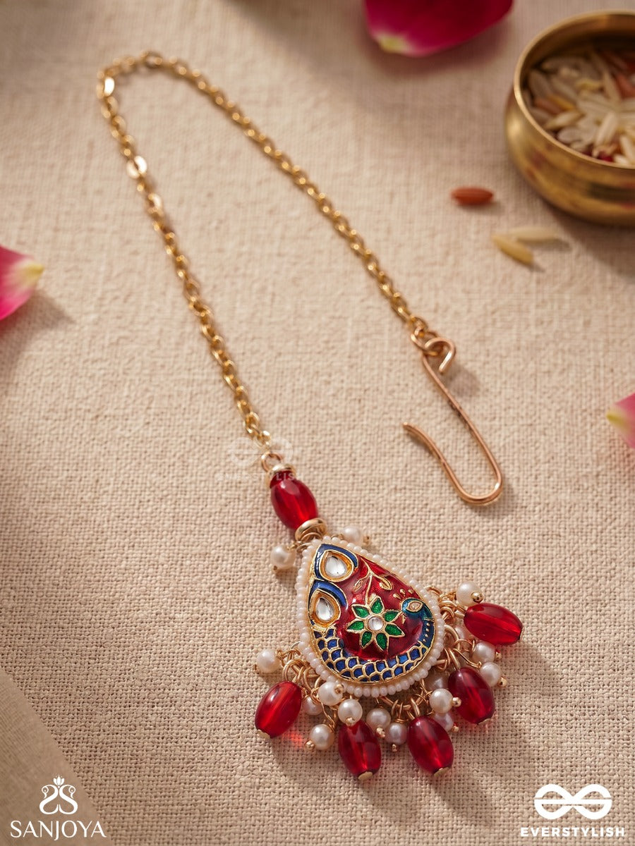 Suvarnapushpa - Golden Blossom - Luxurious Heritage Kundan Maangtika With Red And Blue Enamel Work, Pearls And Beads