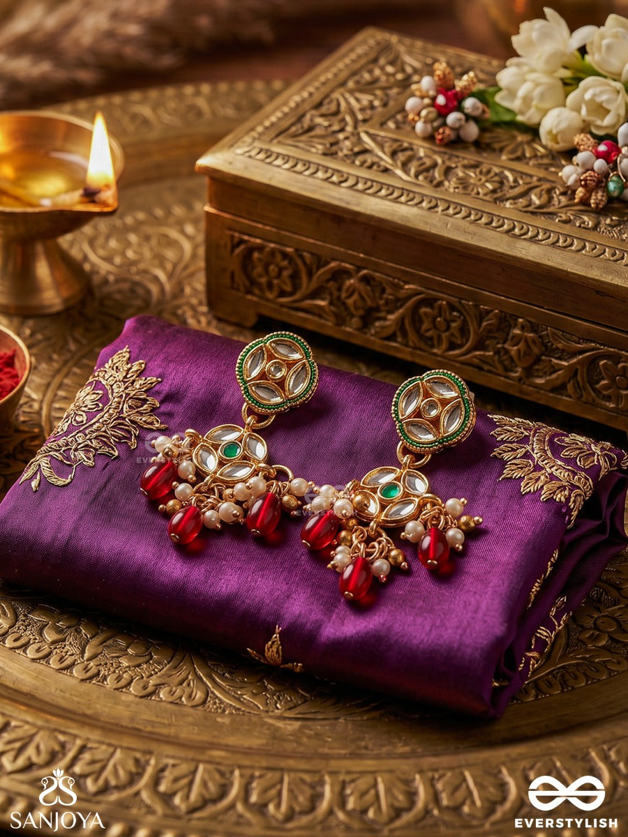 Vimala - Pure And Divine - Ornate Kundan Earrings With Royal Red Stones And Pearls