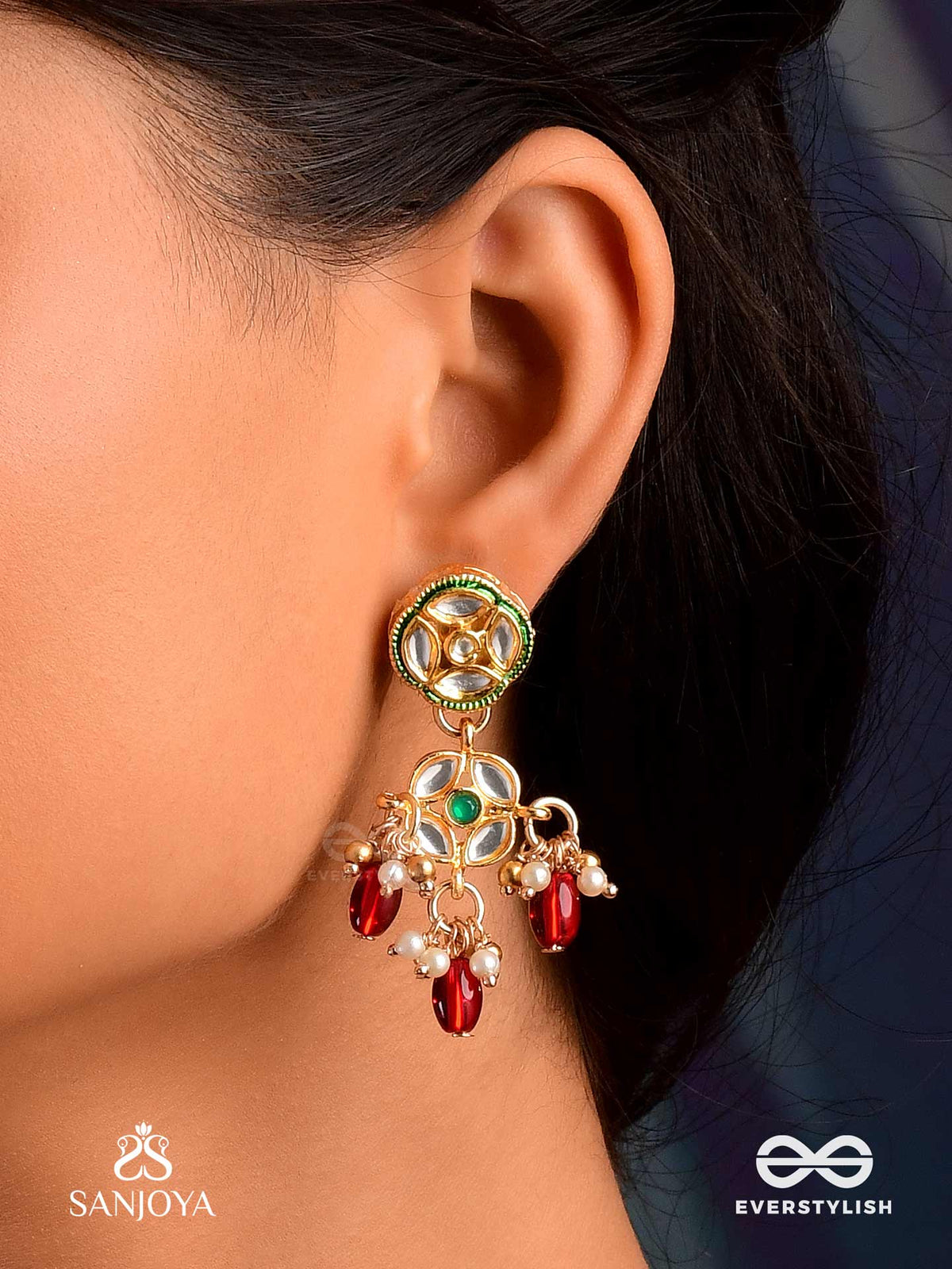 Vimala - Pure And Divine - Ornate Kundan Earrings With Royal Red Stones And Pearls