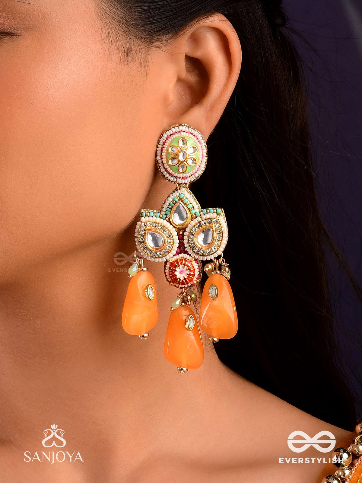 Vasantini - Spring's Beauty - Grand Kundan Earrings With Pearls, Beads And Gem Fringes