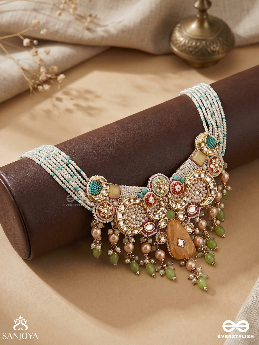 Vasantini - Spring's Beauty - Grand Kundan Multi-Chain Necklace With Pearls, Beads And Gem Fringes
