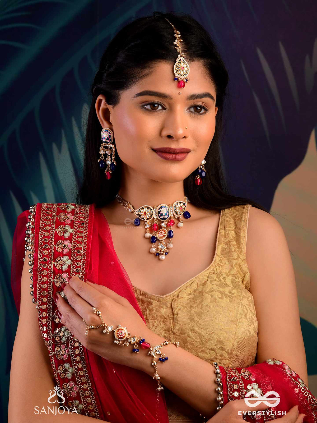Sandhyaraga - Evening Hues - Exquisite Kundan Maangtika With Enamelling And Gem Drops