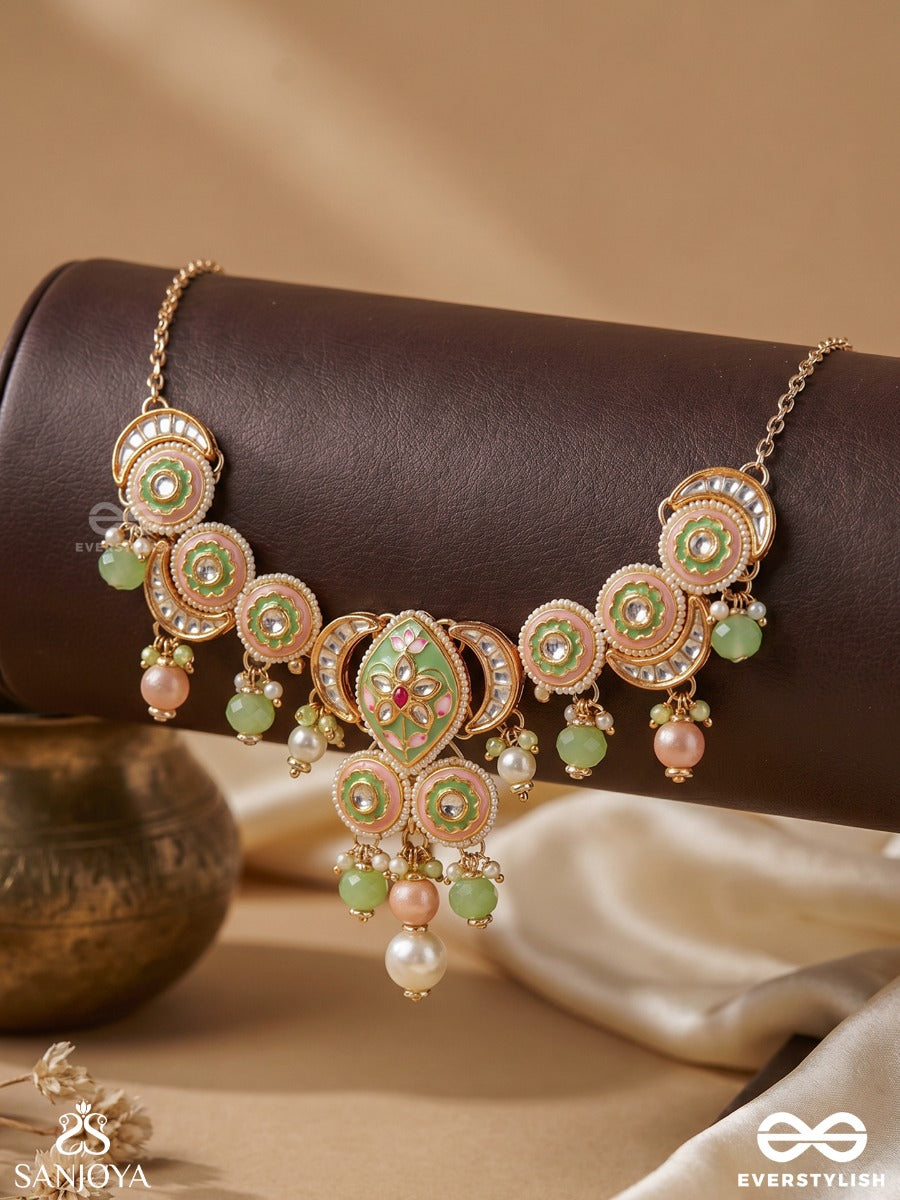 Haritrina - Verdant Beauty - Kundan Dainty Golden Necklace With Handcrafted Floral Enamel Work