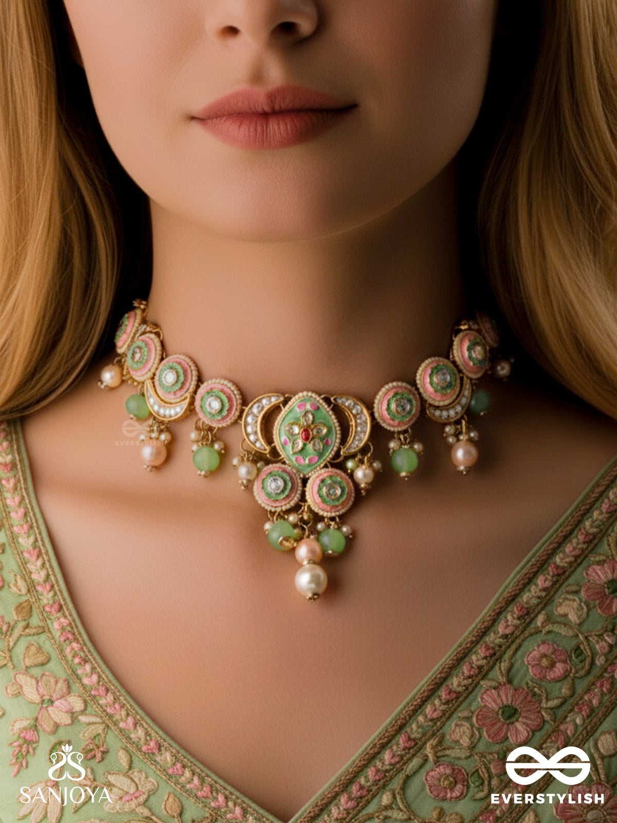 Haritrina - Verdant Beauty - Kundan Dainty Golden Necklace With Handcrafted Floral Enamel Work